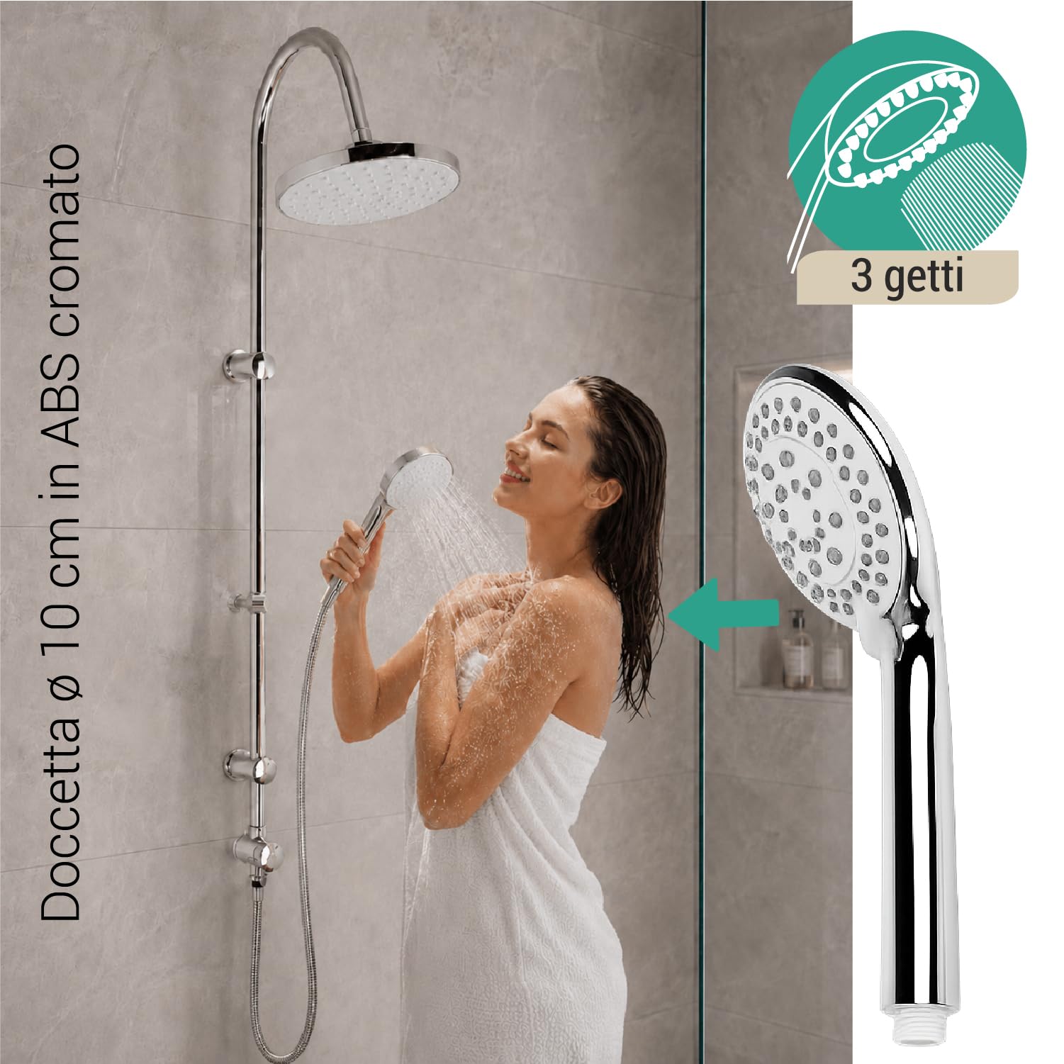 Crisalide® - Ducha Mix cromada con alcachofa Ø 20 cm, ducha 3 chorros y barra ajustable, columna de ducha de acero cromado y ABS con desviador y toma de agua 1/2"