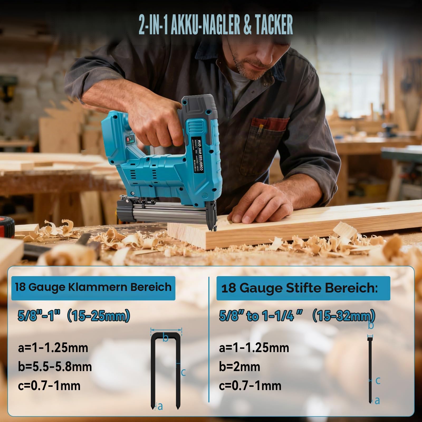 Brad Kabellose Nagelpistole, kompatibel mit Makita 18 V Akku, verbesserte 2-in-1 elektrische Nagelpistole/Tackerpistole für Holzbearbeitung, mit 1000 Nägeln und 1000 Klammern