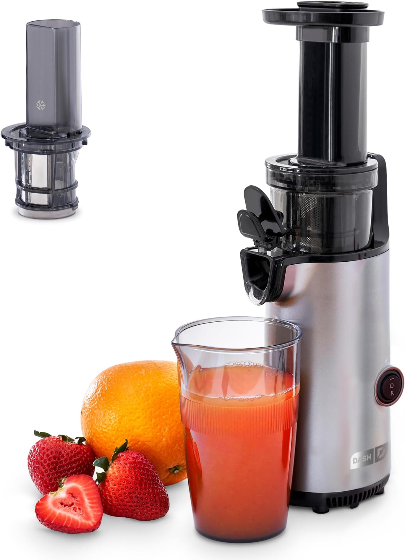 DASH Deluxe Compact Masticating Slow Juicer, Easy to Clean Cold Press Juicer with Brush, Pulp Measuring Cup, Frozen Attachment and Juice Recipe Guide - Graphite