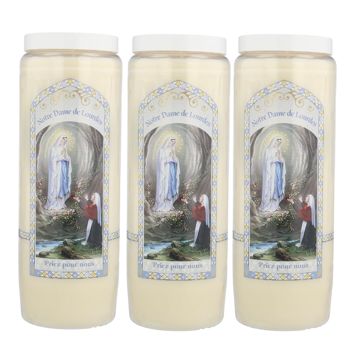 Set of 3 Novenas of Our Lady of Lourdes with Prayers on the Back – Novena Candle – Christian Cult in Vegetable Wax