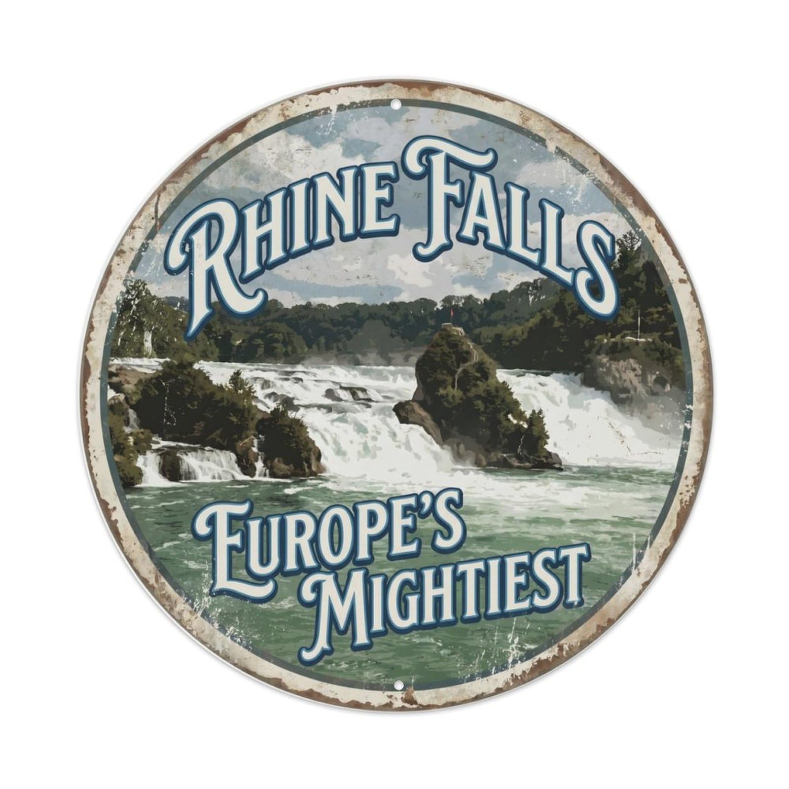 Vintage Travel Rhine Falls Switzerland Metal Tin Sign Plaque Wall Decor for Cafe, Club Bar, Office, Home Garden Round Metal Poster 8x8Inch