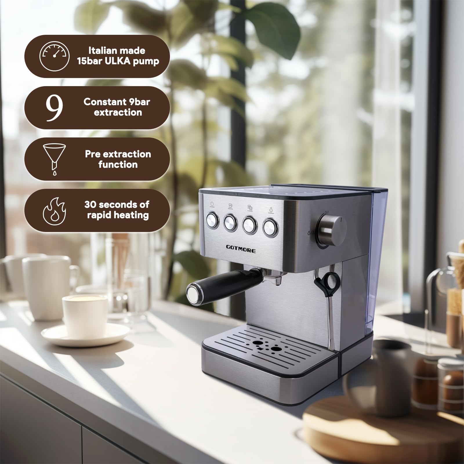 Máquinas de café espresso, máquina de espresso de acero inoxidable con espumador de leche y varita de vapor para café con leche, capuchino, cafetera espresso de 15 bar para el hogar con tanque
