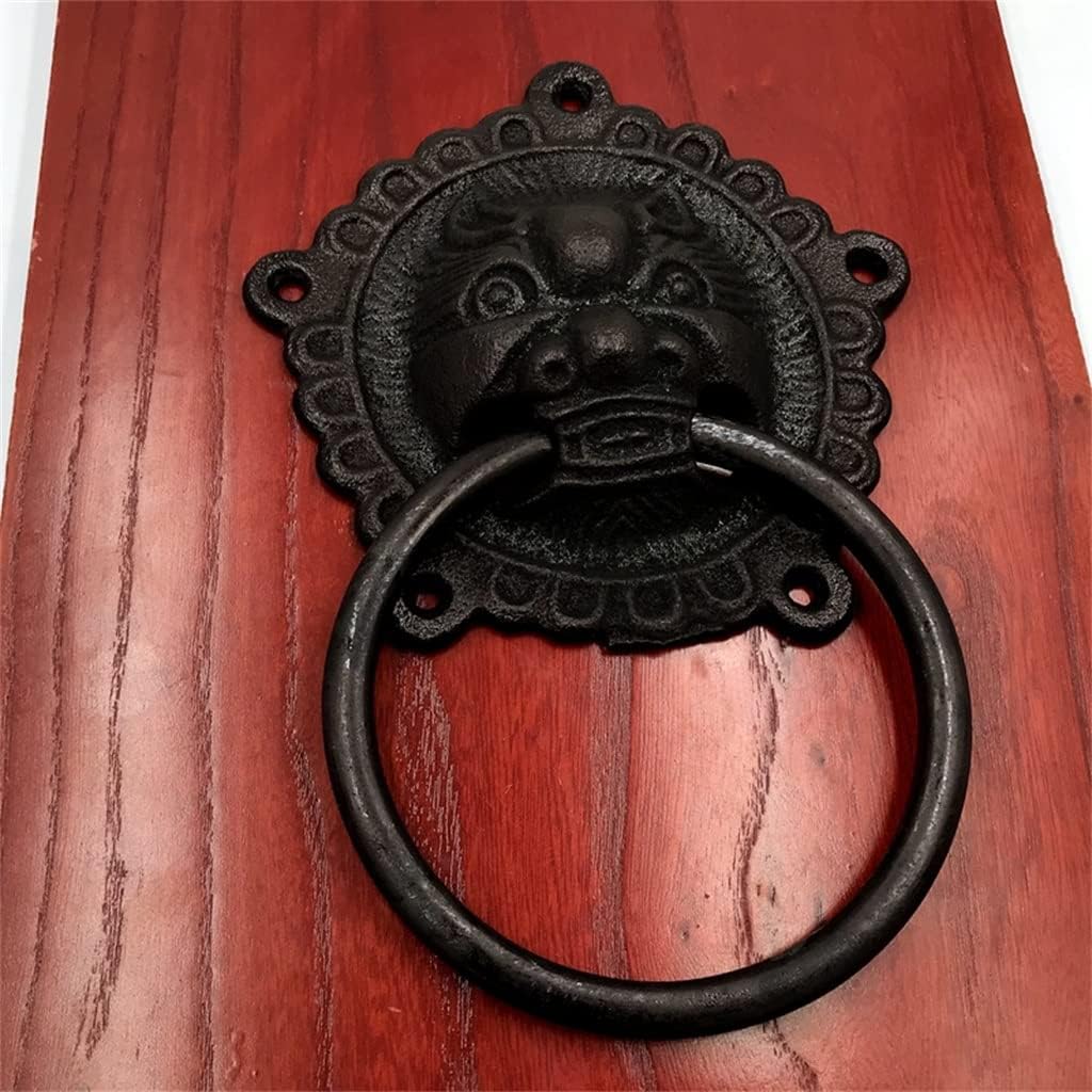 Antique Wooden Door Handle Knockers Lion Head Pulls Handles Cast Iron Black Ring Handle Knobs (Color : Blue, Size : 15cm)