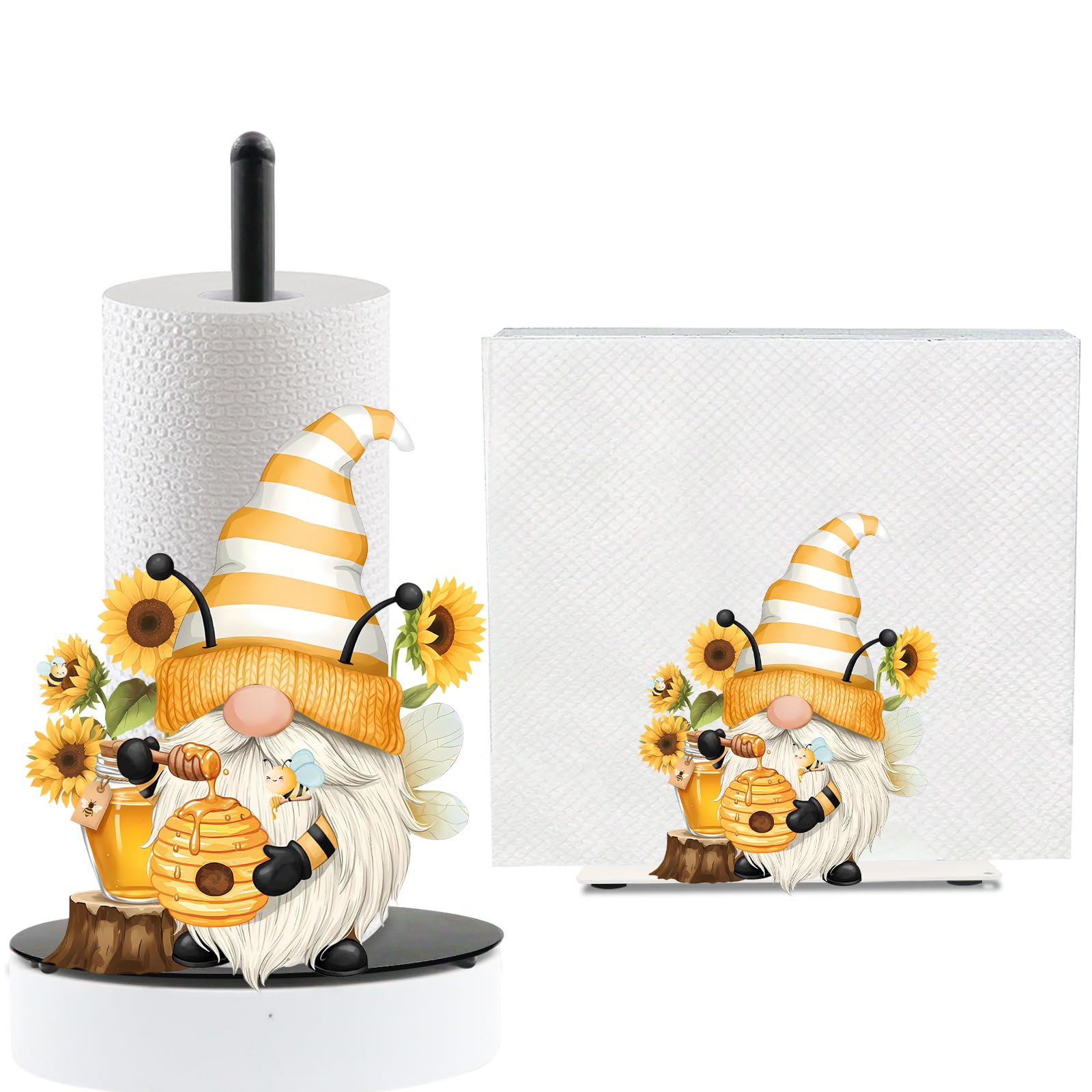 2 PCS Gnome Paper Towel Holder for Gnome Lover, Bee Metal Tissue Holder Stand for Kitchen Bedroom Bathroom, Party Desktop Decor, Gift for Family Friend