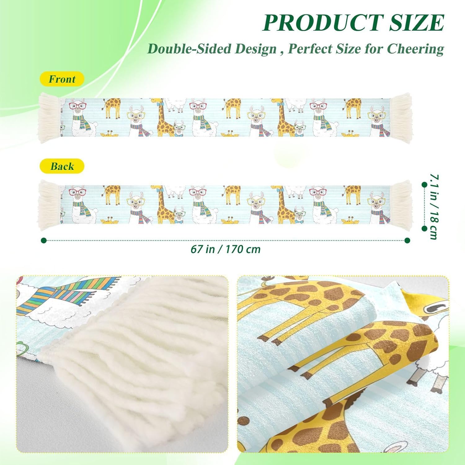 CHIFIGNO Cartoon Llamas Giraffes Blue Sports Fan Scarf with Fringe Ends, Soft Polyester Sweat Towel for Soccer Game Cheering
