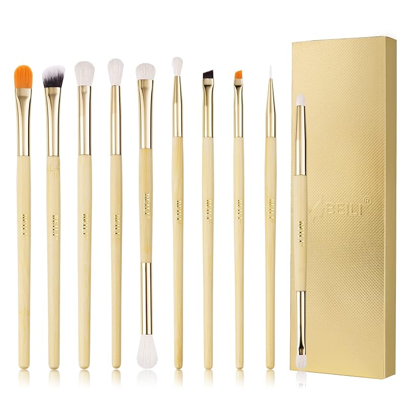 Kit de 10 pincéis dupla face para maquiagem dos olhos BEILI, cerdas sintéticas, cabo de madeira e estojo