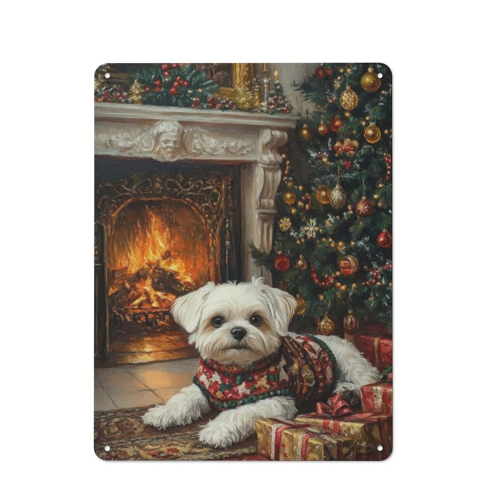 Junmoney Christmas Maltese Dog By Fireplace Printed Metal Sign 40X30cm For Café Or Restaurant, For Hospitality Interior Collectors