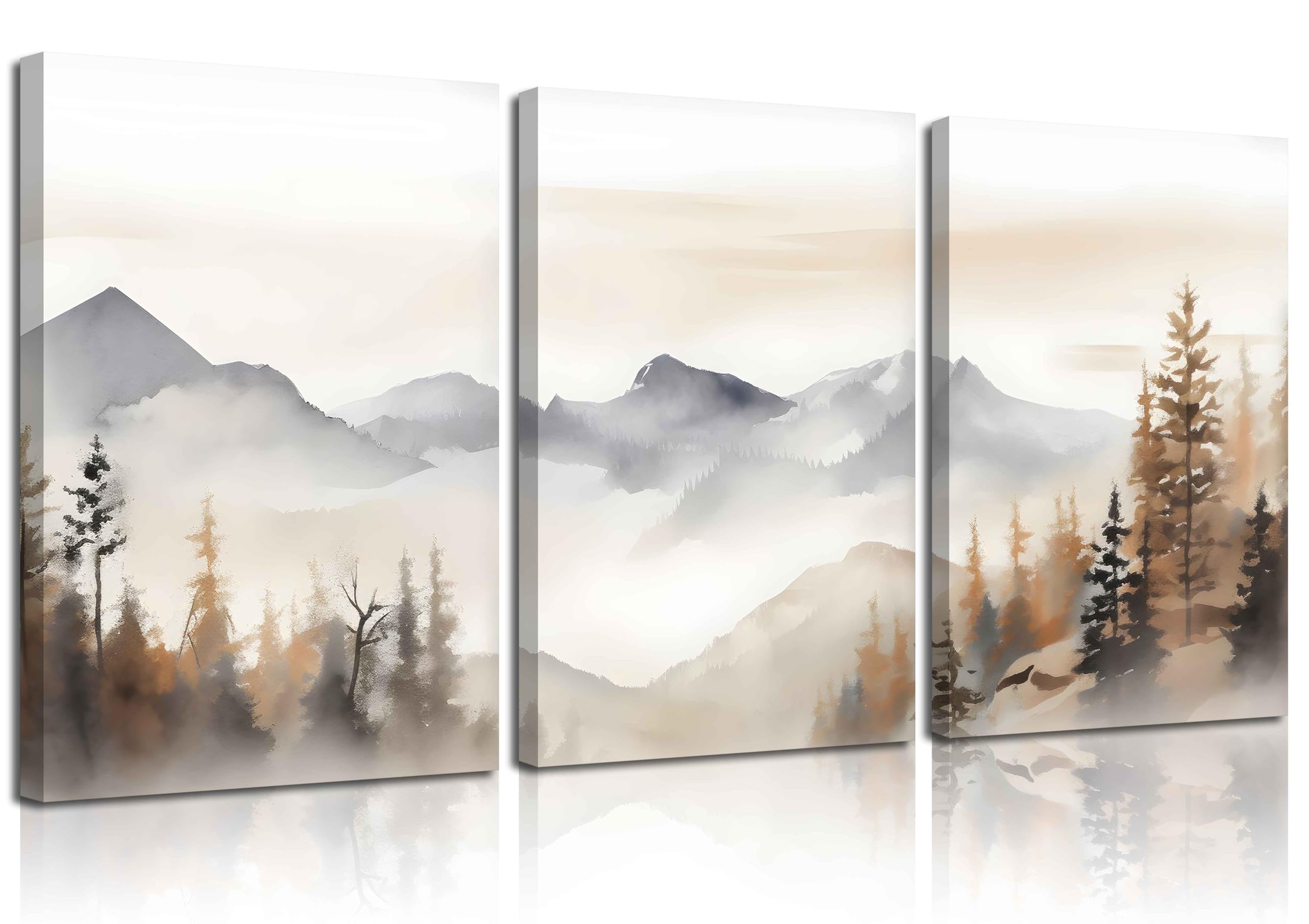 3Pcs Framed Neutral Mountain Canvas Wall Art Forest Landscape Posters Prints Modern Abstract Watercolor Paintings Wall Decor Pictures for Living Room Bedroom Decoration