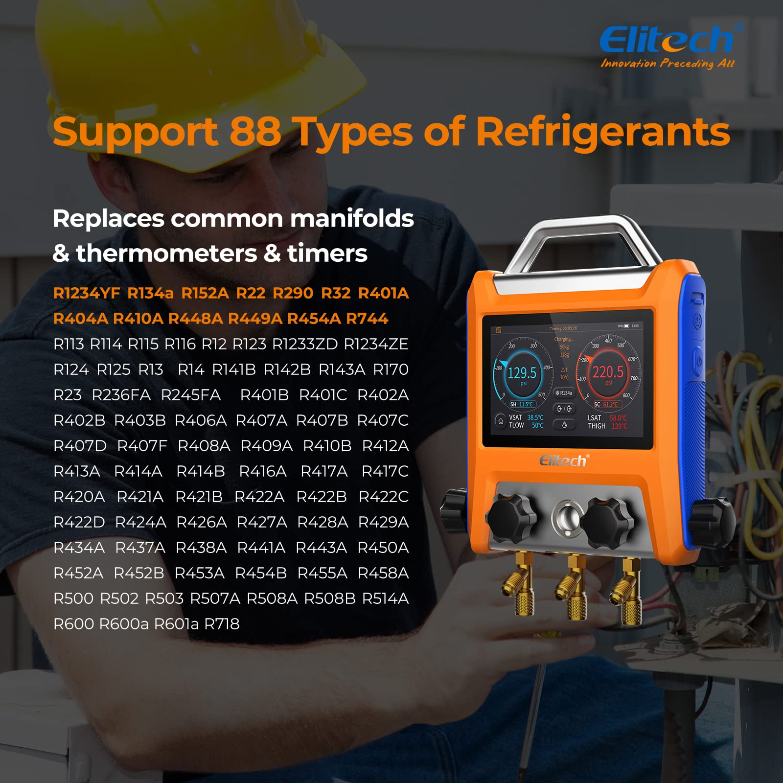 Elitech EMG-20V Manometro digitale HVAC intelligente a tre porte con sensore di vuoto Termometro morsetti tubi flessibili