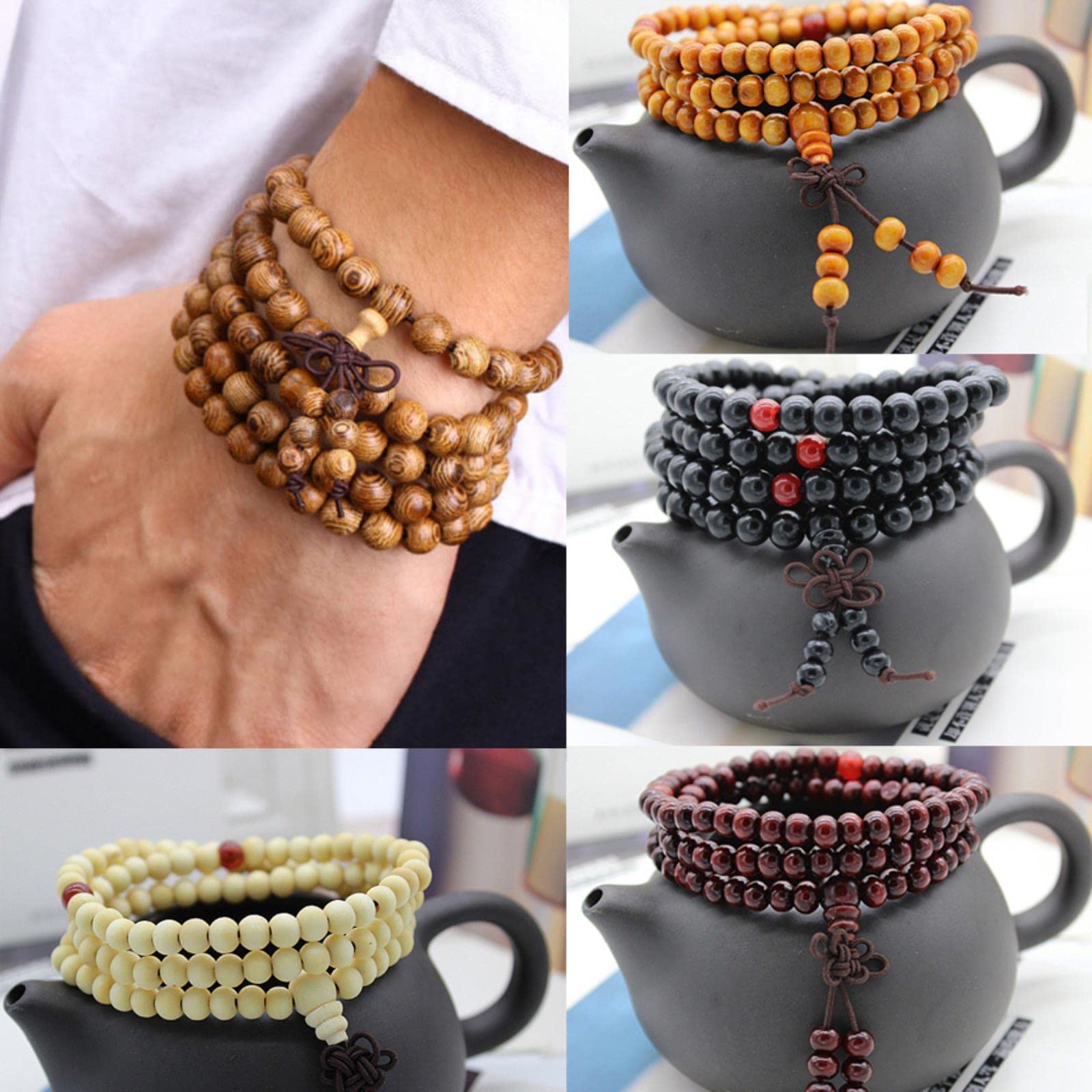 1 Stück 9 Stile natürliches Sandelholz buddhistisches Holz Gebetsperlen Knoten schwarzes Ebenholz Unisex Armbänder Armreifen-07
