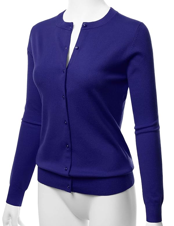 LALABEE Women's Crew Neck Gem Button Long Sleeve Soft Knit Cardigan Sweater RoyalBlue XXL by LALABEE - Image 2