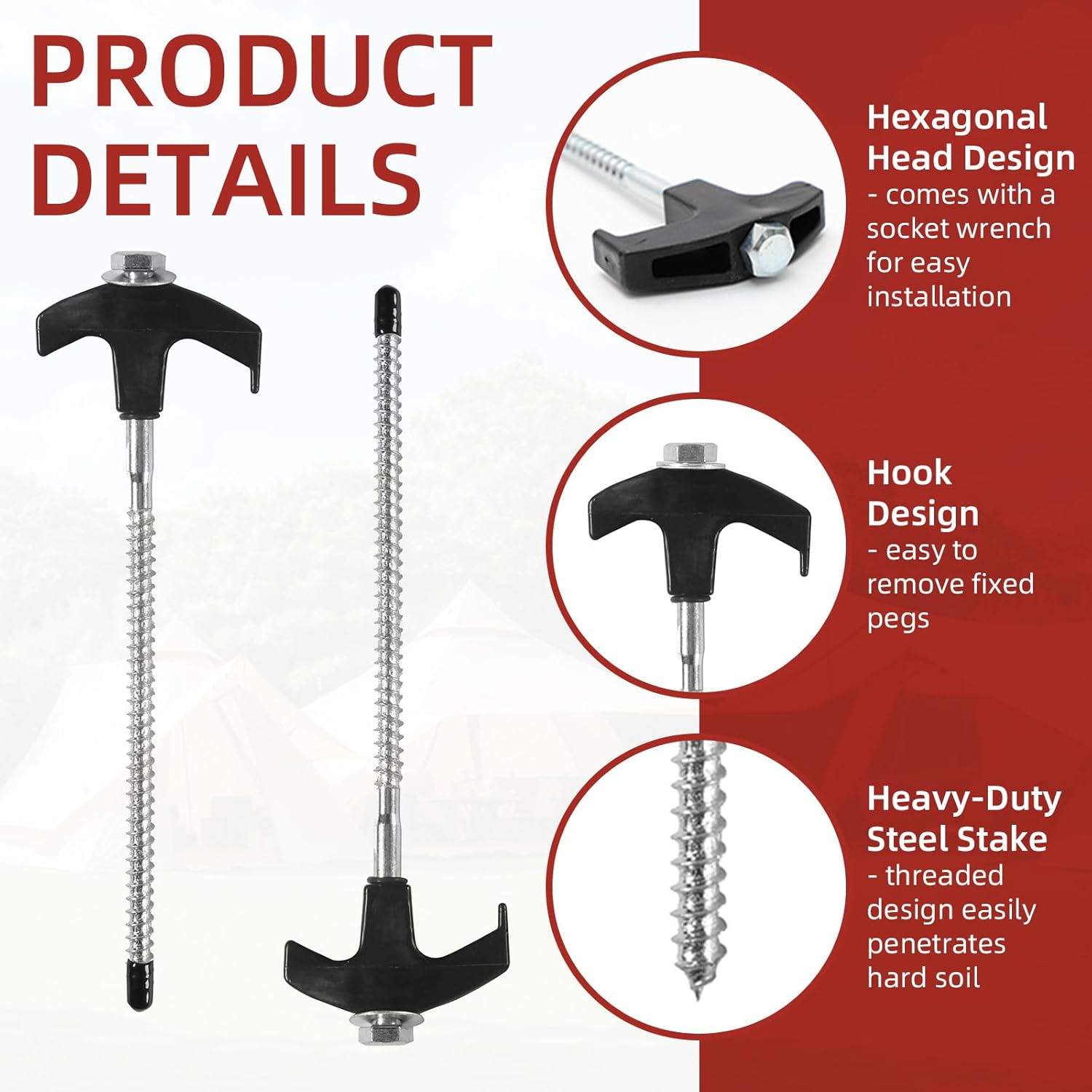 50 Pack 8 Inch Screw in Tent Stakes Heavy Duty Tent Stakes Screw in Ground Camping Stake with Hex Head Driver Metal Pegs Spikes for Camping Garden Yard (Black)