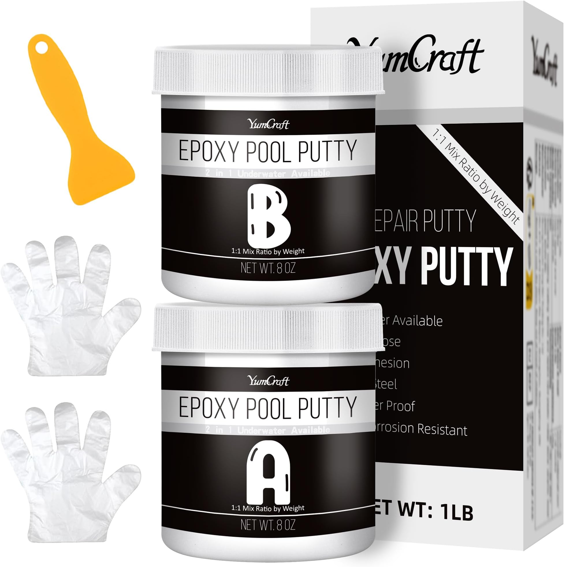 Epoxy Putty - 16oz Epoxy Pool Putty 2 in 1 Underwater or Above Repair Putty for Fixing Leaks, Cracks, Repairing, Filling, Sculpting - 2 Part Epoxy Glue for Metal, Tile, Concrete, Ceramics (Black)
