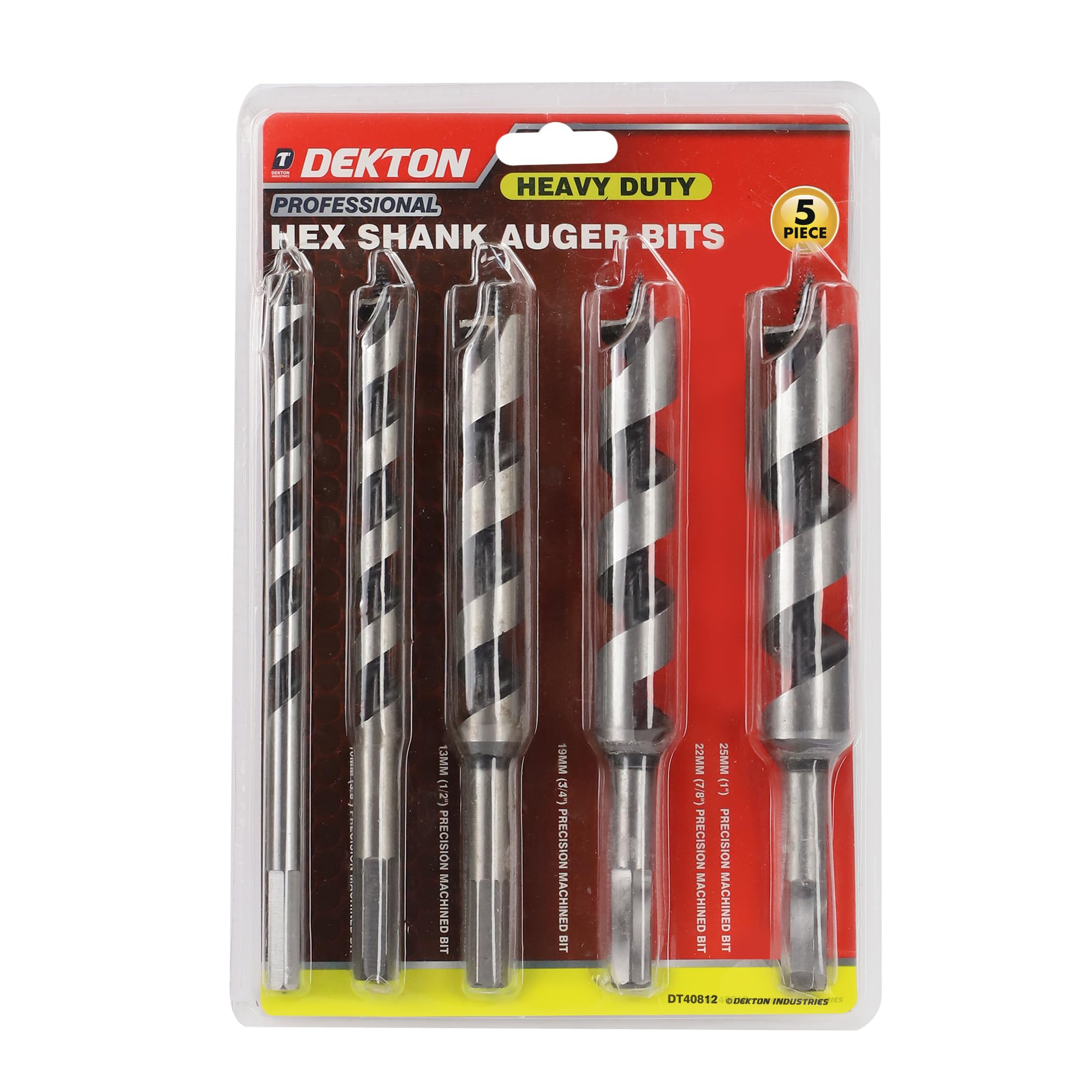 Dekton 5pc Auger Bit Set- Heavy Duty Wood Drilling Bits 10mm-20mm| Carbon Steel For Durability| Perfect For Carpentry, Construction| Smooth Precision Boring With Hex Shank| Compatible With Power Drill