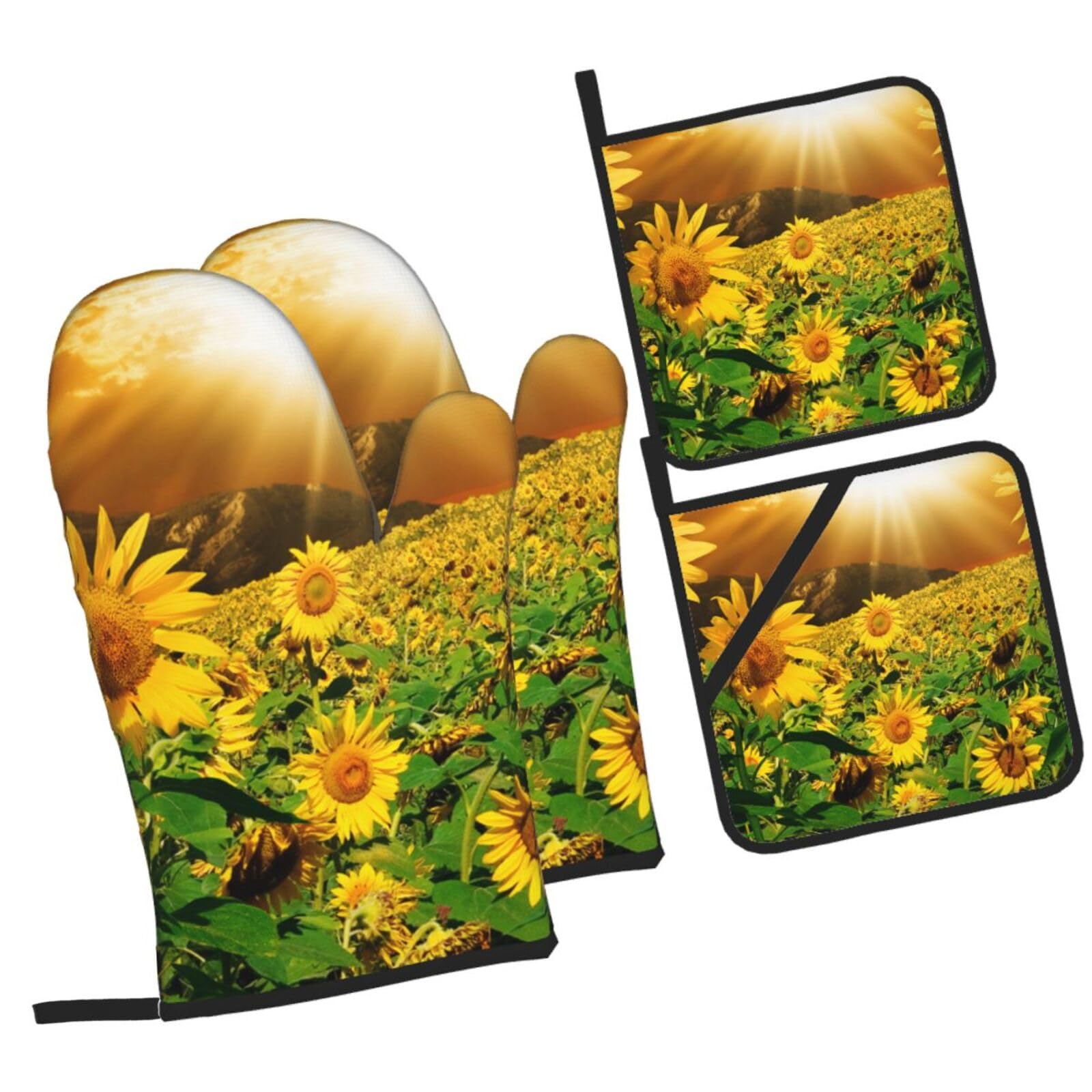 Yellow Sunflower Blooming Printed Oven Mitts and Pot Holders Heat Resistant Set of 4 Pcs, Modern Kitchen Gloves & Potholders for Cooking Baking Grilling