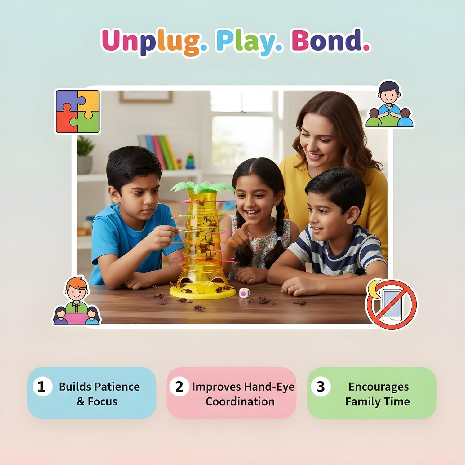 Cocina Perfecta Monkey Tumble Game – Don’t Let The Monkeys Fall Kids Toy, Fun Family Board Game with Sticks & Dice, Interactive Skill & Balance Game for Boys & Girls Age 3+, Party Game 3