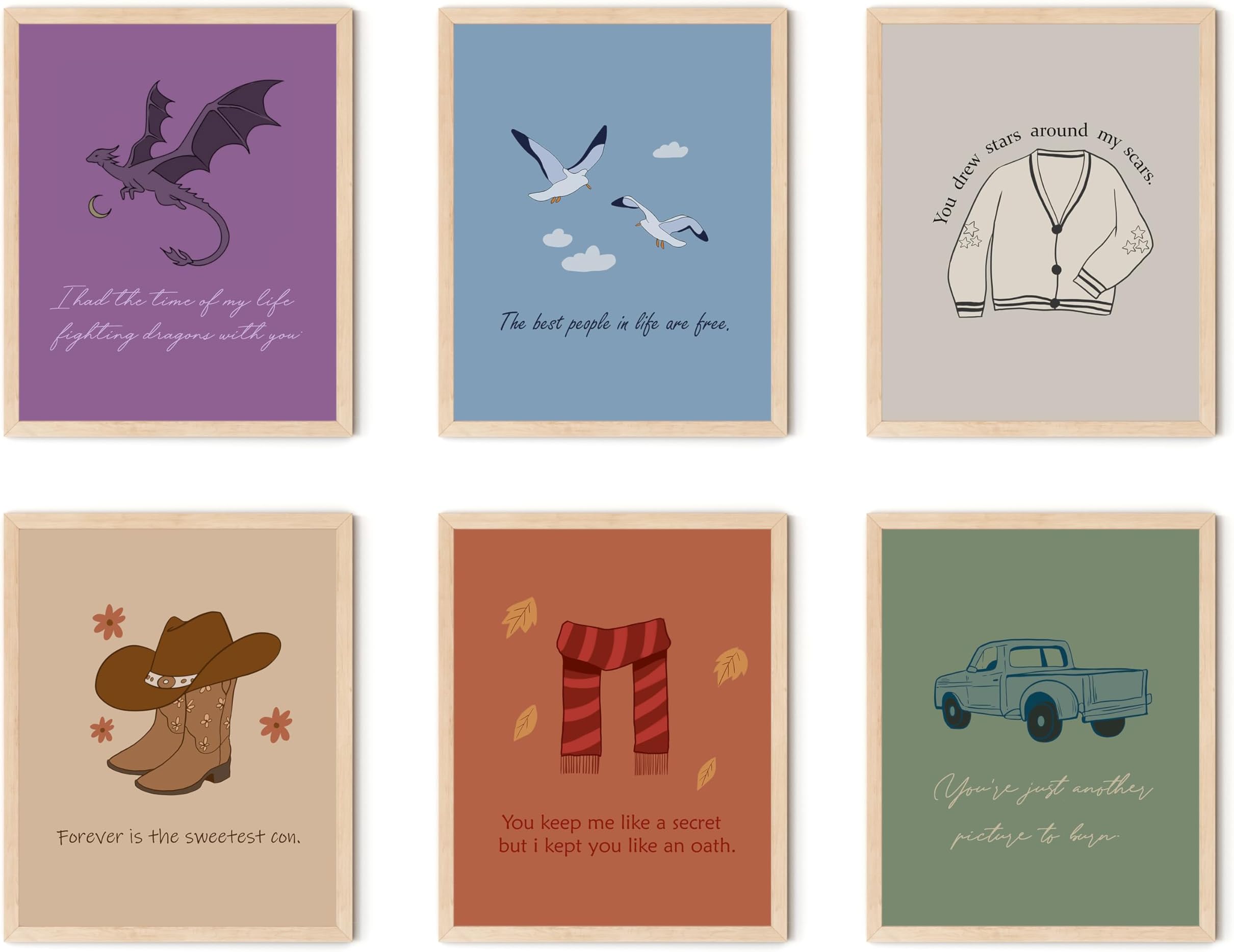 Taylor Music Inspired Posters, Eras Album Wall Art for Fans Gifts, Song Lyrics Room Decor for Bedroom. (8" X 10", Set of 6, UNFRAMED)