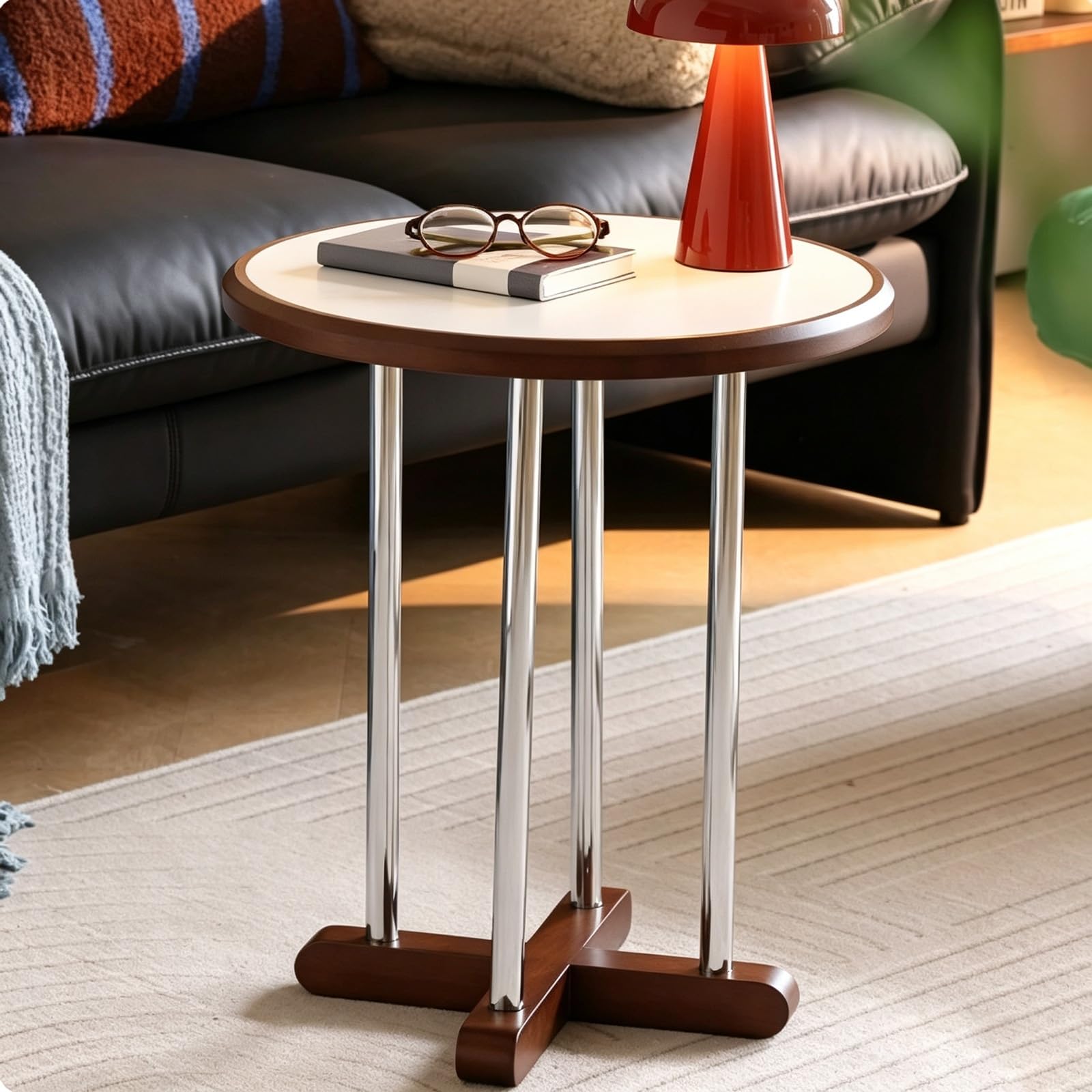 Table basse ronde milieu siècle, noyer & pierre frittée résistante chaleur