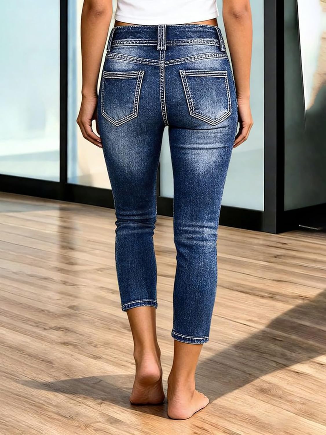 Flamingals Mid Waist Skinny Crop Jeans for Women Wash Button Side Casual Elastic Vintage Crop Denim Jeans with Pockets