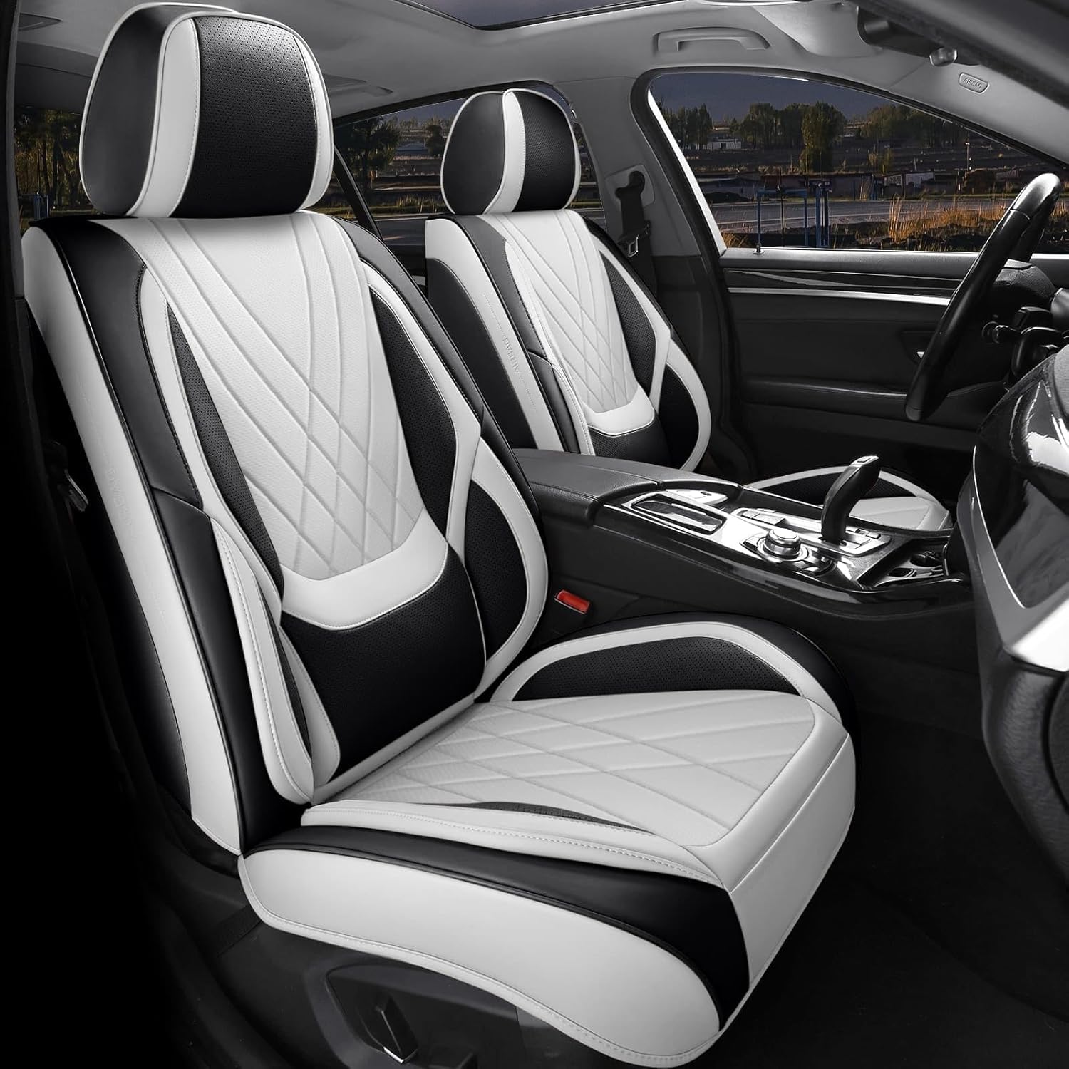 Black White Car Seat Covers Full Set, Luxury Faux Leather Car Seat Covers, Waterproof Non-Slip Seat Protector Universal Fit for Most Cars SUVs Trucks Pick-ups