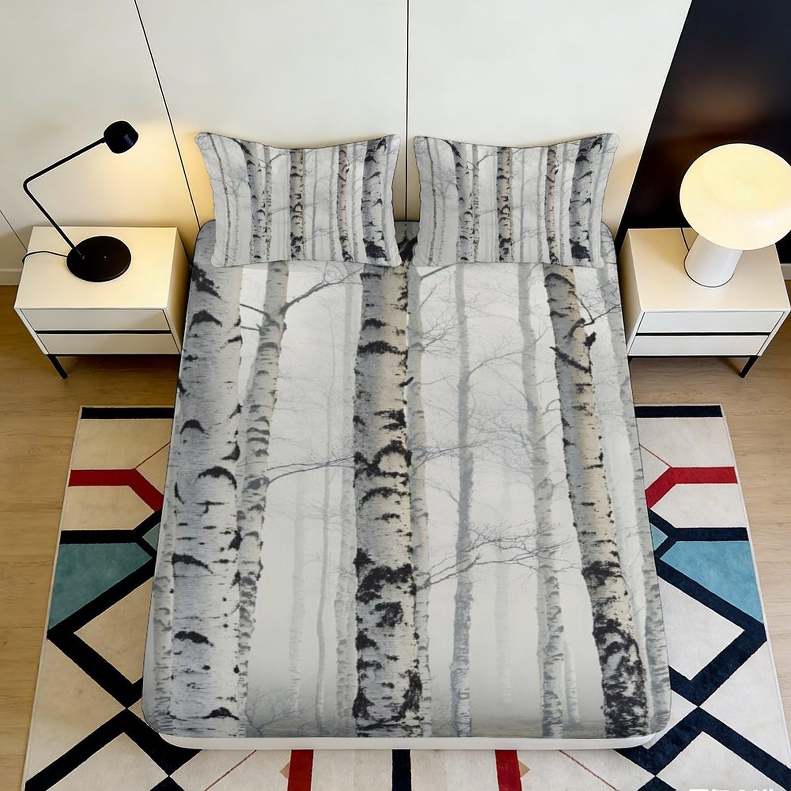 3D Printed Birch Trees Fitted Sheet Microfiber Soft Breathable Forest Bed Cover for Bedroom Dormitory Guest Room Mattress Protection Decor 160x200x25cm