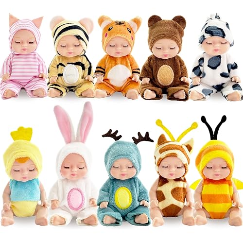 Haawooky 10 Pcs Mini Baby Dolls,4 inch Lifelike Realistic Baby Dolls with Animal Clothes,Cute Small Baby Doll for Girls Kids Easter Basket Valentine Birthday