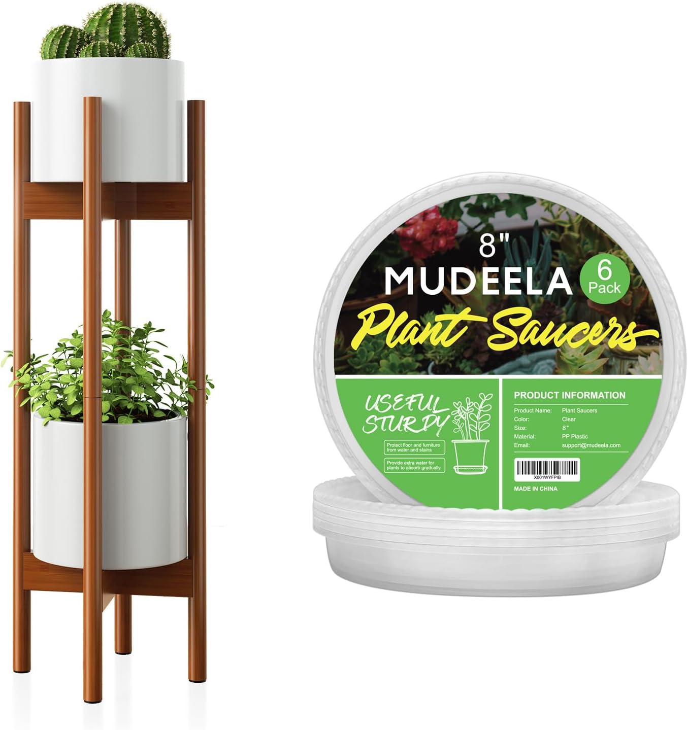MUDEELA Plant Stand Dark Brown 2 Pack or 2 Tier and 8" Plant Saucers 6 Pack