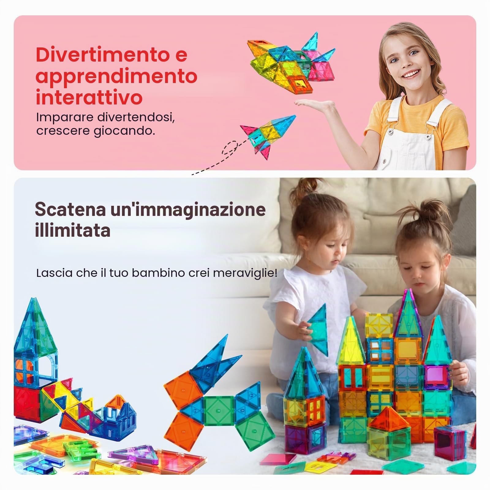 SURFOU Costruzioni Magnetiche 58 Pezzi, Blocchi da Costruzione Giocattoli Educativi STEM Montessori per Bambini 3-7 Anni, Giochi Educativi Creativi, Regalo Perfetto Ragazzi e Ragazze