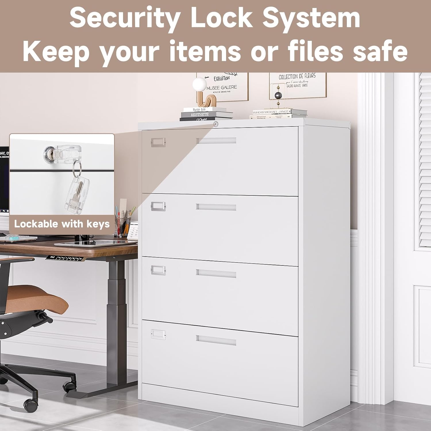 4 Drawer Lateral File Cabinet with Lock, Metal Filing Cabinets for Home Office, Wide Locking File Caninets, White Office Storage Cabnet for Hanging Letter/Legal / A4 / F4 - Assembly Required