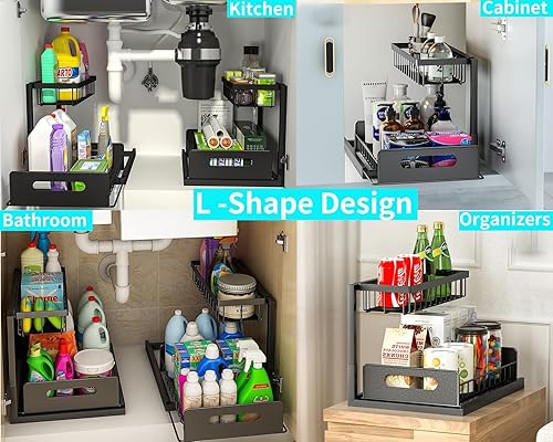 Miniatura 5 de Organizadores para debajo del fregadero, organizador de armario de cocina extraíble de 2 niveles deslizantes de metal debajo de la cocina, baño,