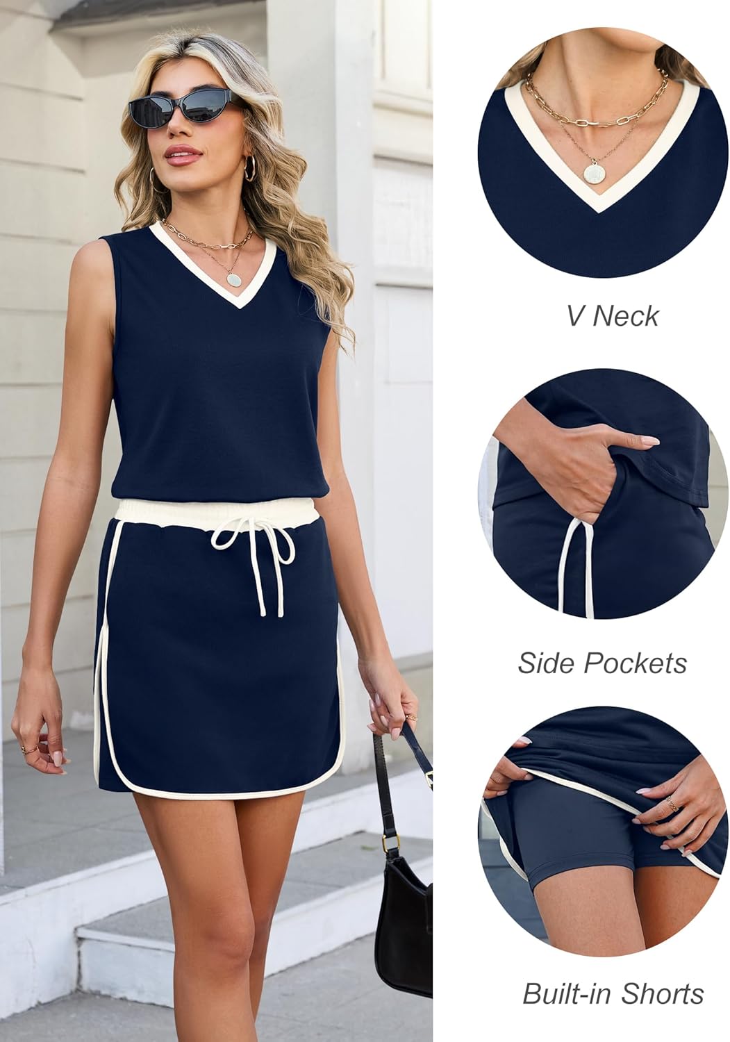 Casly Lamiit 2 Piece Sets for Women Summer Sleeveless Skirt Sets Outfits V Neck Skort Set with Pockets