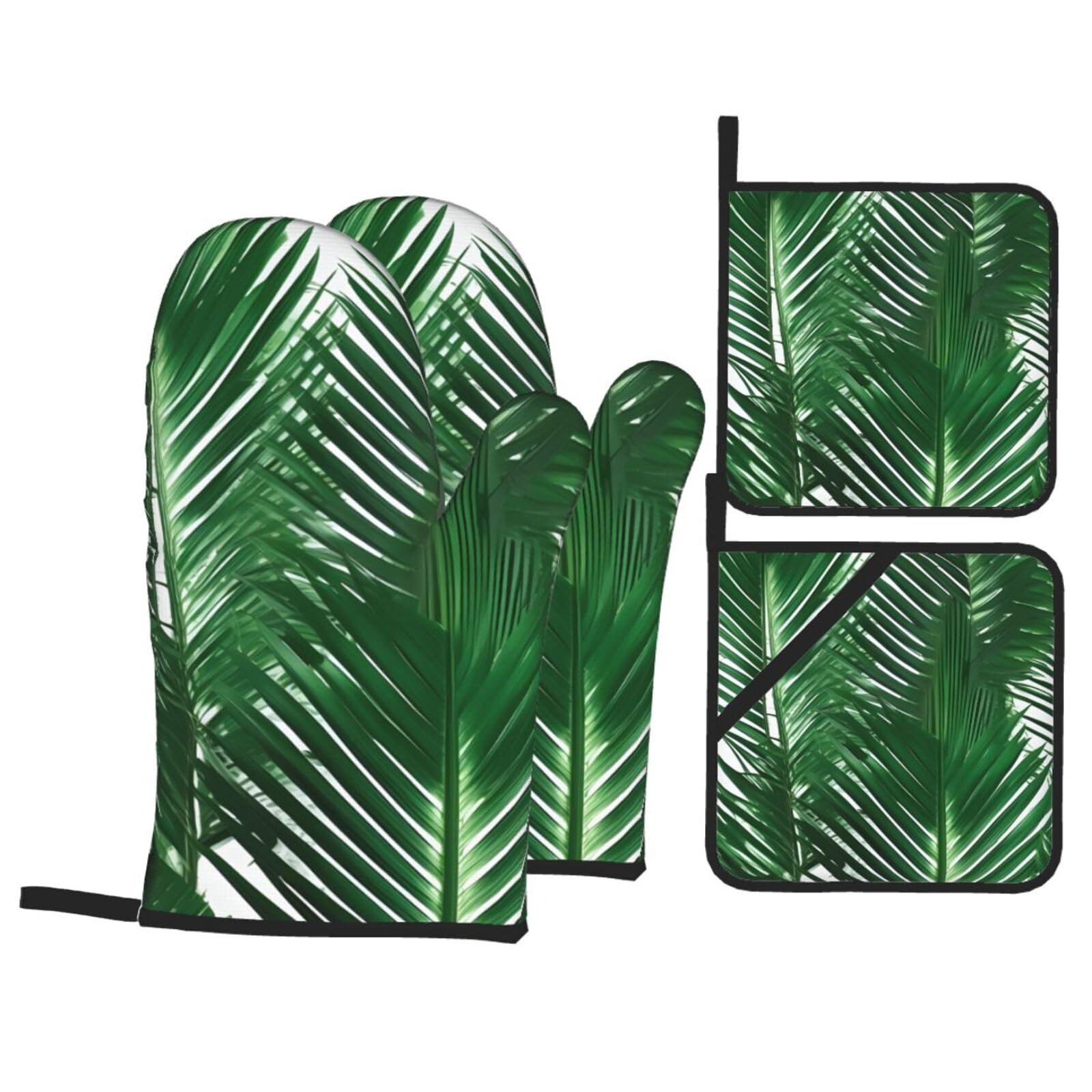 Green Palm Leaf Print 4-Piece Oven Microwaving Set Waterproof Kitchen Gloves for Baking Grilling Cooking