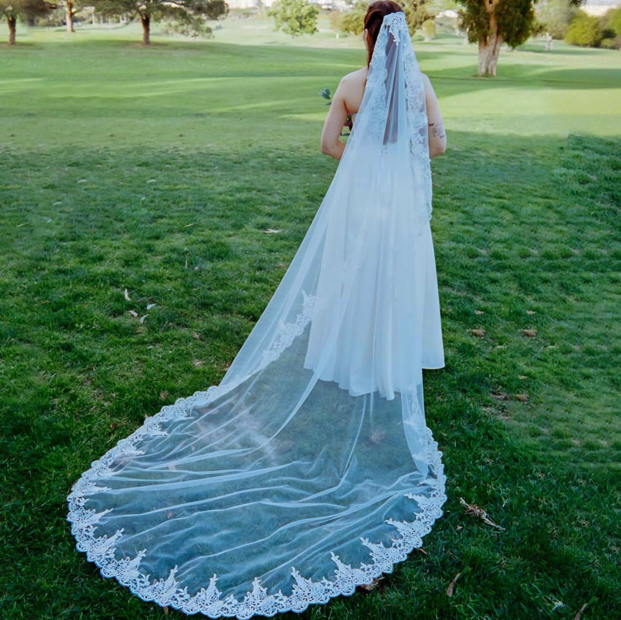 Long Wedding Veil for brides With Lace and Metal Comb,Cathedral Length 1 Tier Tulle Bridal Veils