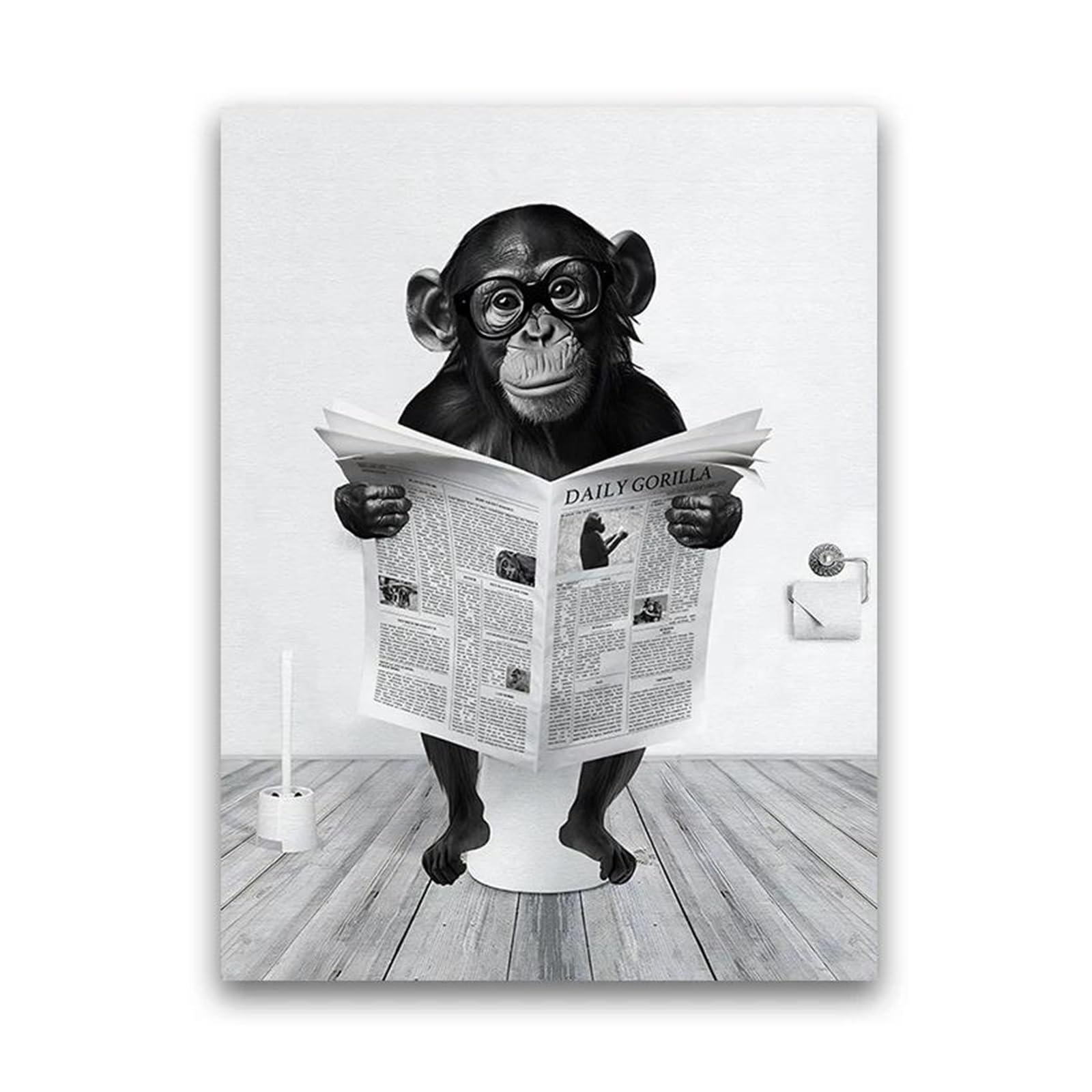 Peinture d'animaux lisant le journal pour une salle de bain amusante C 50x70cm