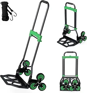 Heavy-Duty 330LB Capacity Hand Truck with Stair-Climbing Wheels & One-Touch Retractable Handle - Q235 Steel Collapsible Dolly Cart, 4.2-Inch Triple Wheels, Elastic Strap & Sponge Grip (Green)