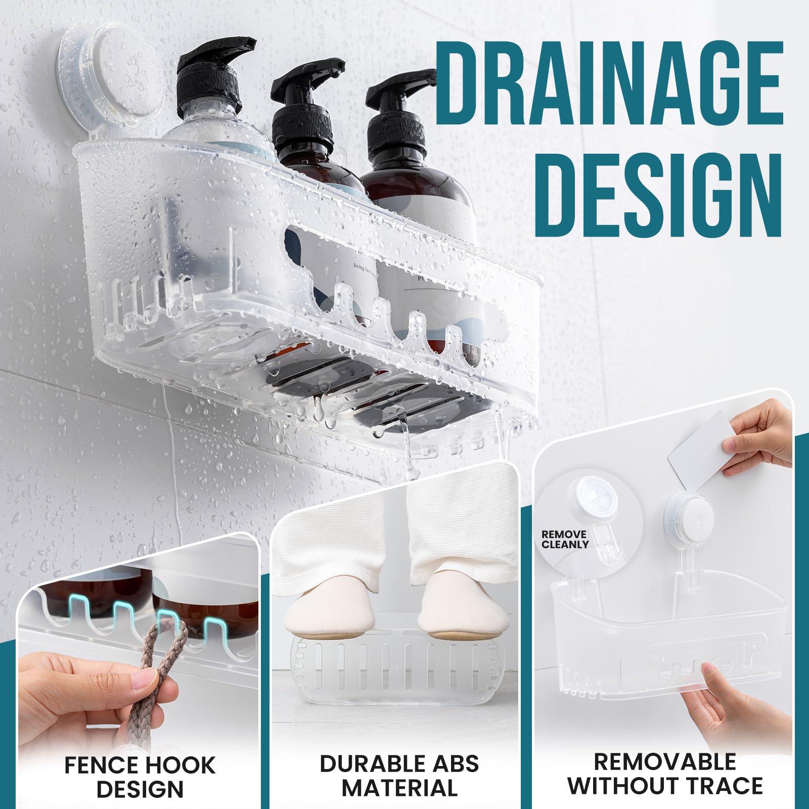 TAILI Shower Caddy Suction Cup 2 Pack Heavy Duty Bathroom Shower Organizer Removable Shelves for Inside Shampoo Wall Mounted Plastic Storage for Bathroom Accessories Transparent - Image 3