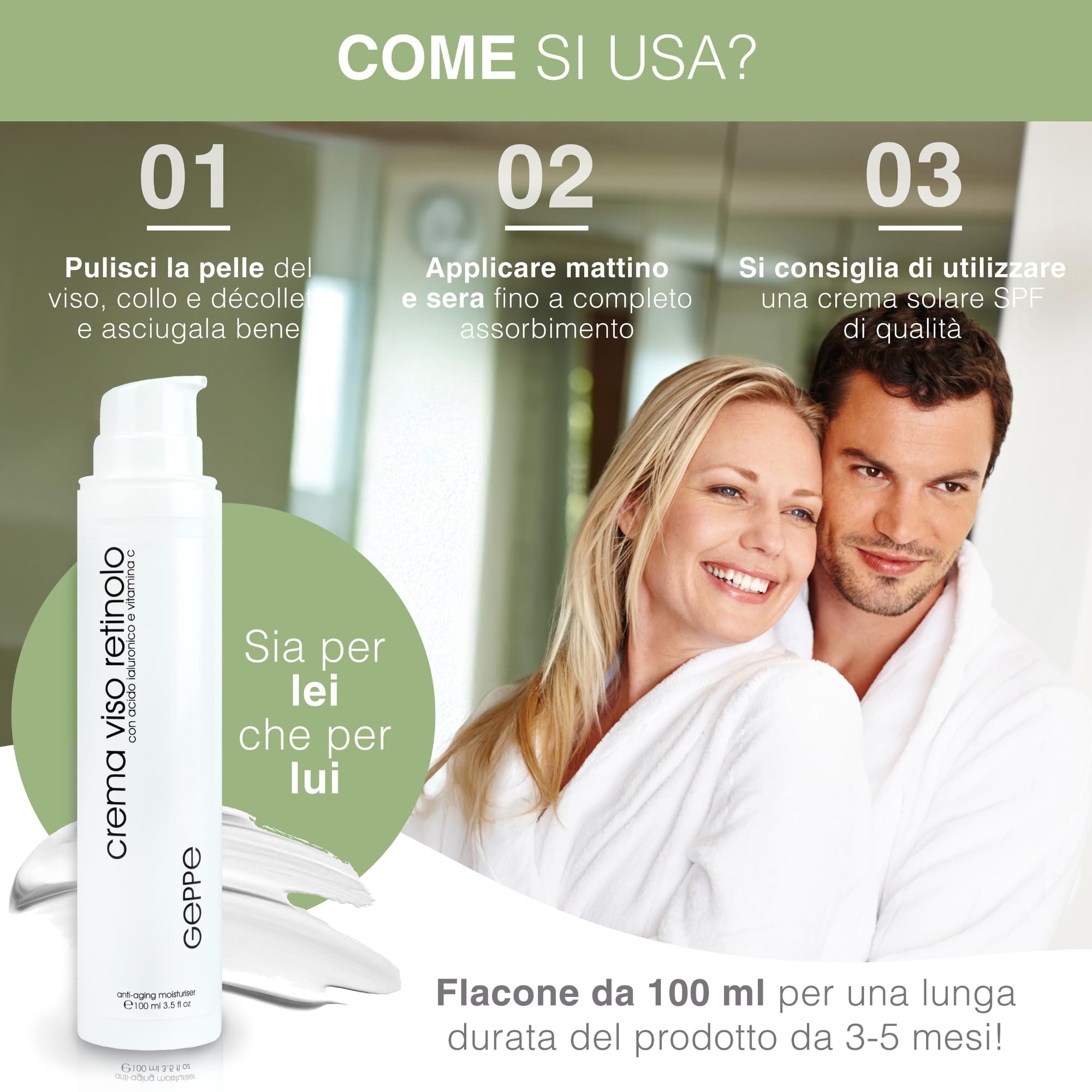 100ml. BIO Crema Retinolo Viso con Acido Ialuronico e Vitamina C - Crema Viso Antirughe Uomo e Donna Adatta come Crema Contorno Occhi - Crema Viso Idratante da Skincare Made in Italy