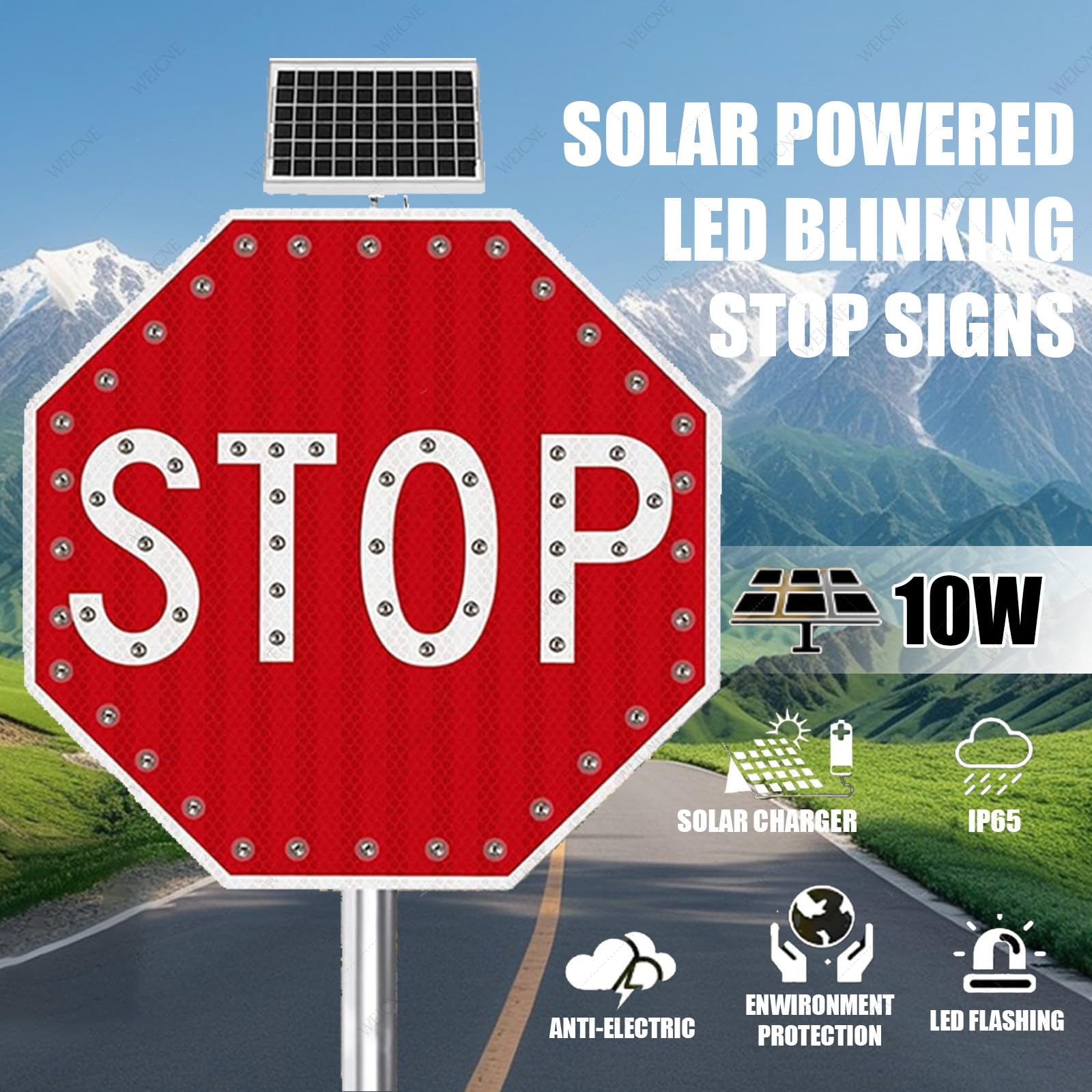 Señal de parada LED con energía solar de 30 pulgadas, octágono de aluminio duradero para un mejor control y seguridad del tráfico por carretera, ideal para construcción y uso de emergencia