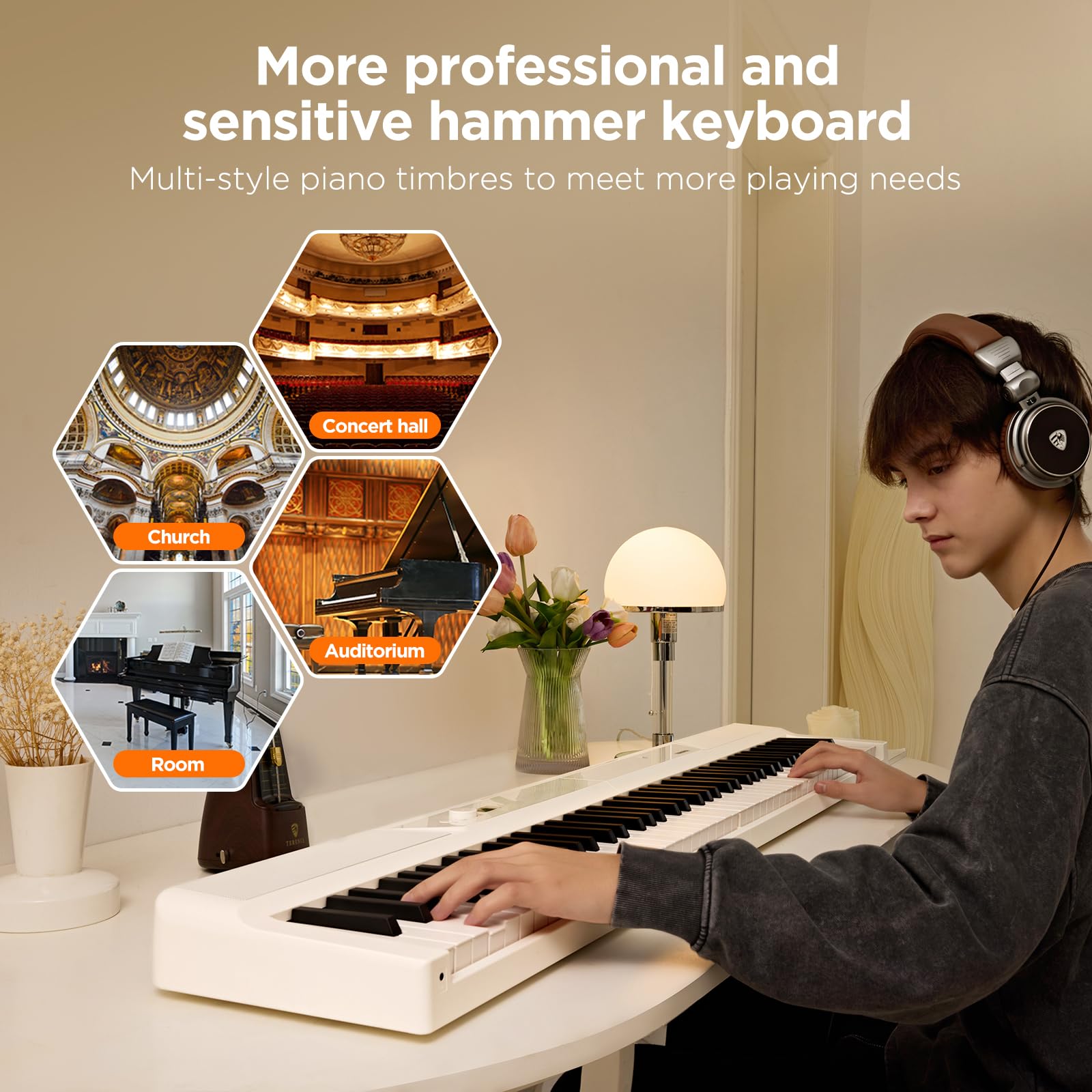 TERENCE Piano numérique 88 touches - 30 W - Haut-parleur AR - Système audio - Piano électronique pliable - 4 effets de réverbération - Capteur miroir - Interfaces MIDI