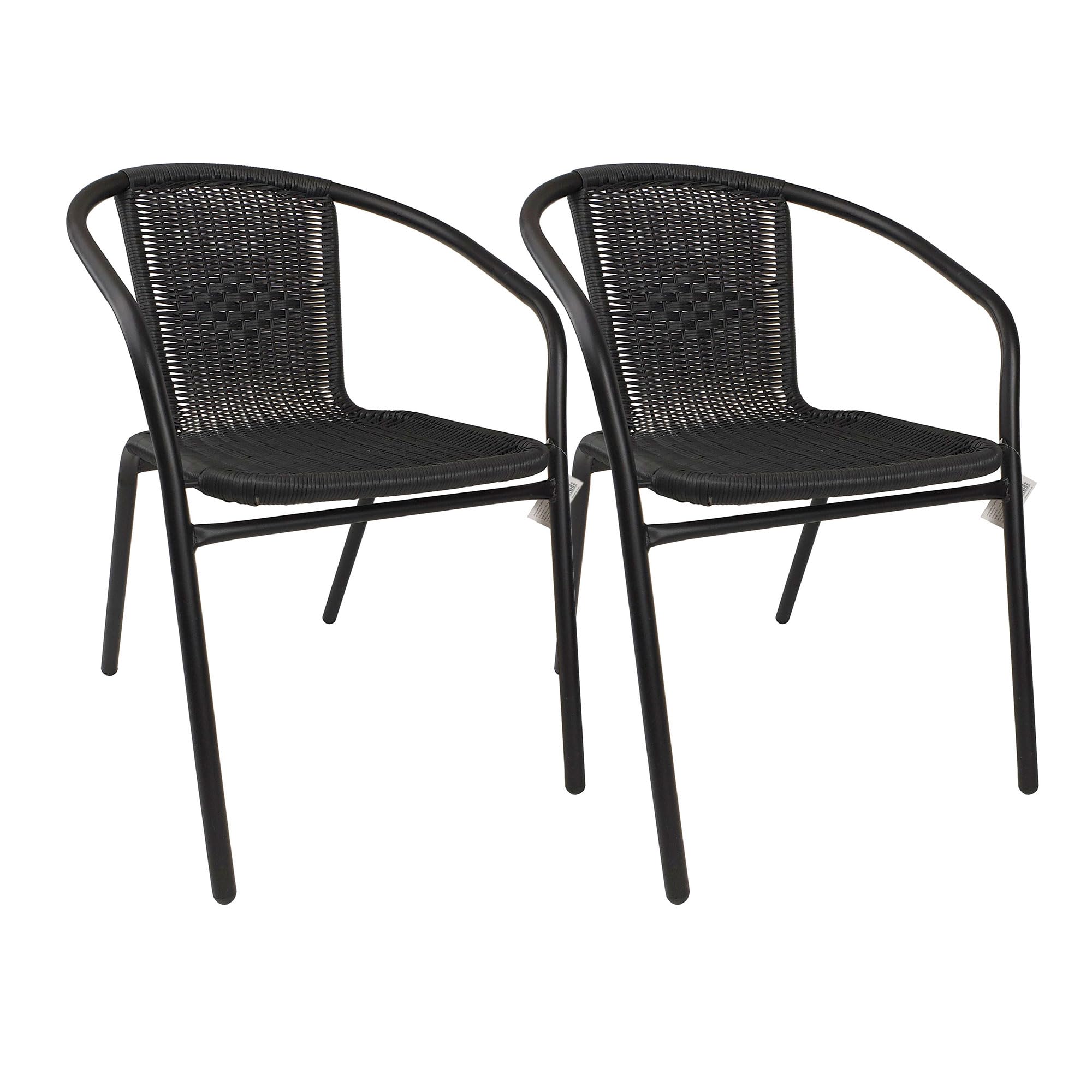 THE SECRET HOME - Pack de 2 Sillas en Mimbre de PVC para Jardín - Silla de Acero Apilable - Asiento de Exterior para Balcón, Terraza y Jardín (Modelo 1 - Negro)