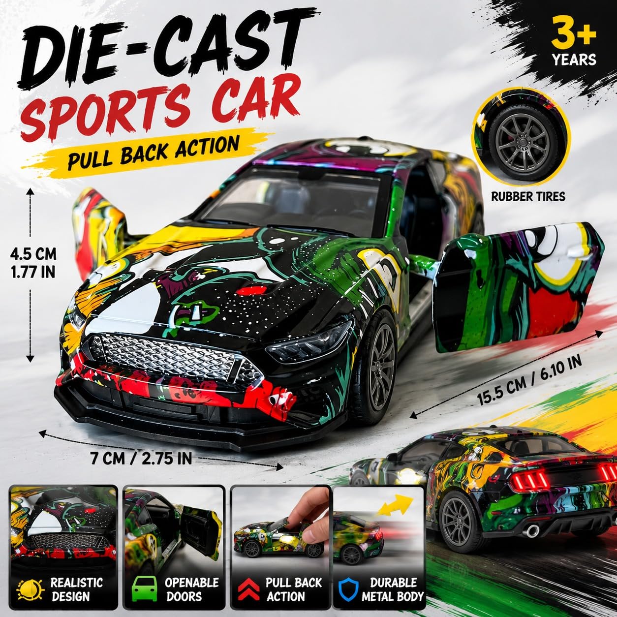 NEEYATI Die-Cast Model Car | Premium Metal Sports Car Toy with Graffiti Art Design | Pull Back Action Car for Kids, Collectors & Gifting | Opening Doors | Scale Model Vehicle (Multicolor) 3