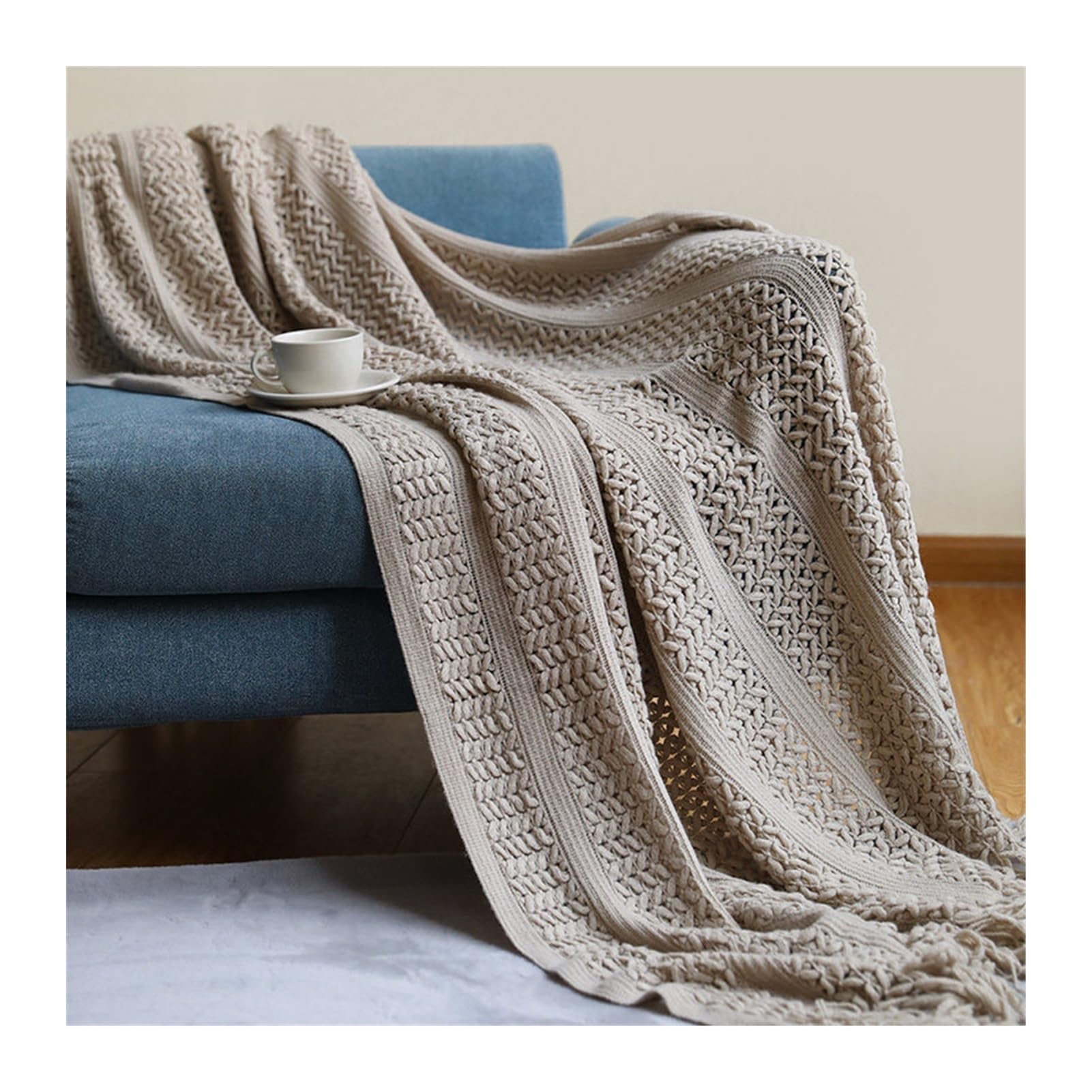 DHJKFU Bohemian Solid Color Oat Pattern Tassel Throw Blanket