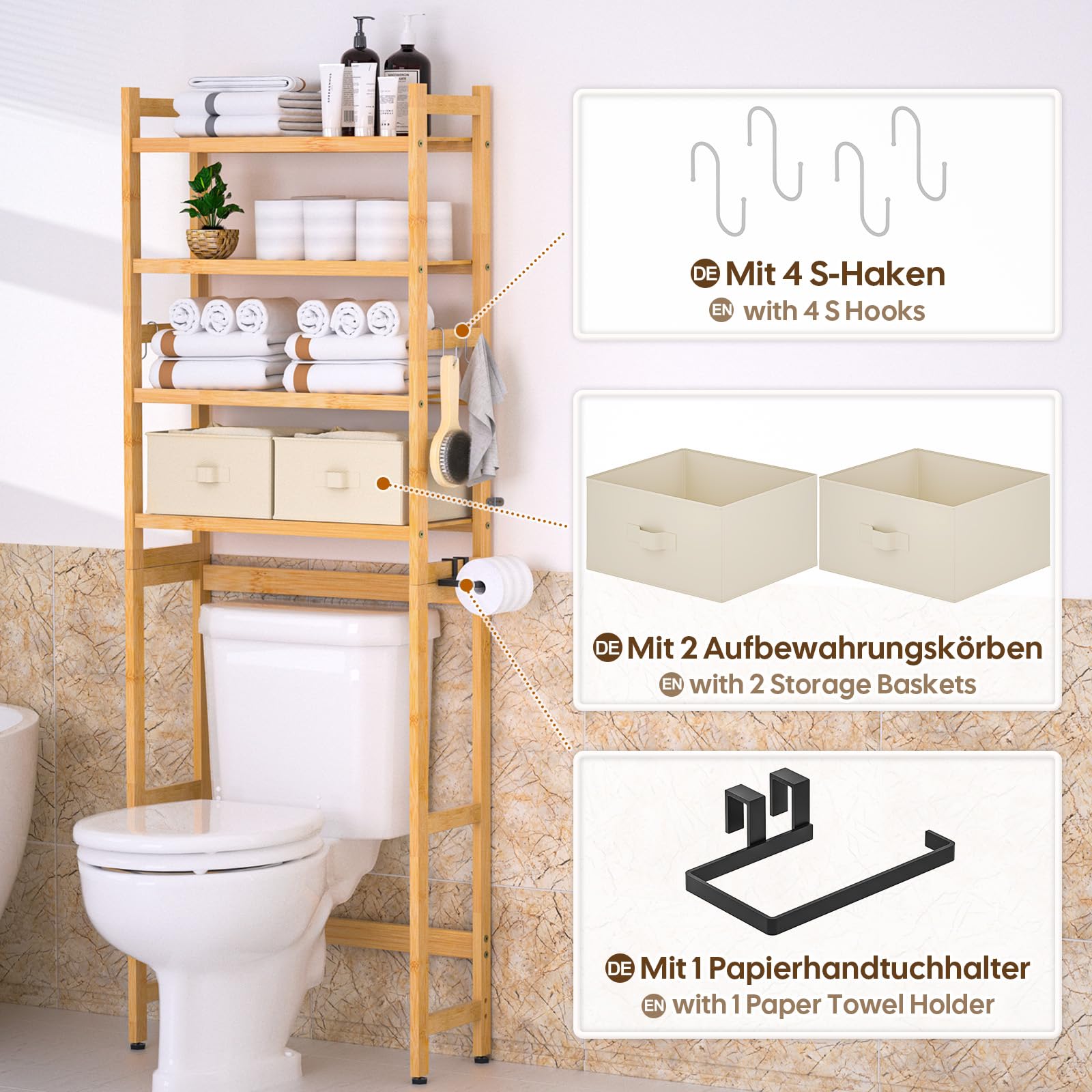 YORBAY Estantería para Inodoro con 2 Cestas 4 Niveles de Bambú para el Inodoro con Soporte para Papel y 4 Ganchos y Almohadillas Impermeables para los pies, Independiente sobre el Inodoro (Bambú)