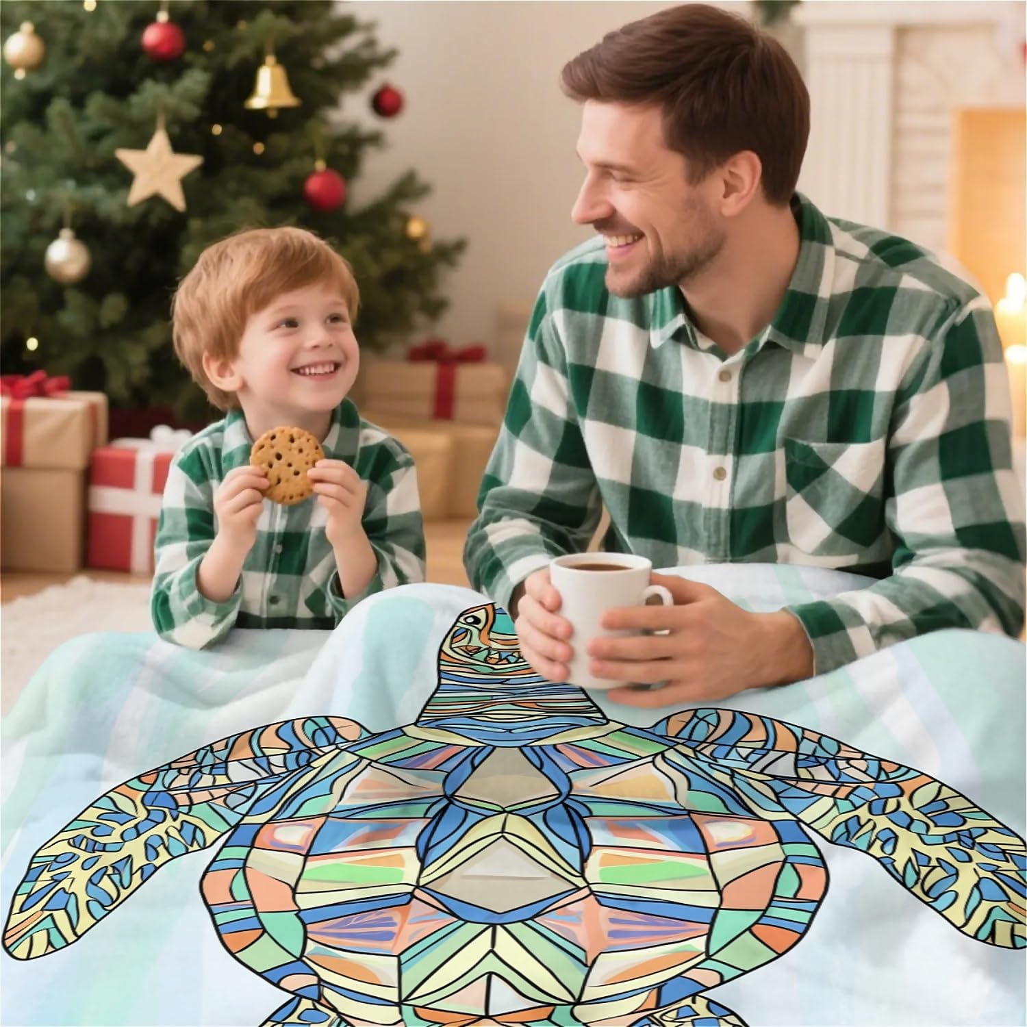Colorful Mosaic Sea Turtle Blanket Fleece Throw for Bed Couch Sofa Travel and Camping, Super Soft Cozy Fluffy Plush Blanket for All Seasons 50"x60"