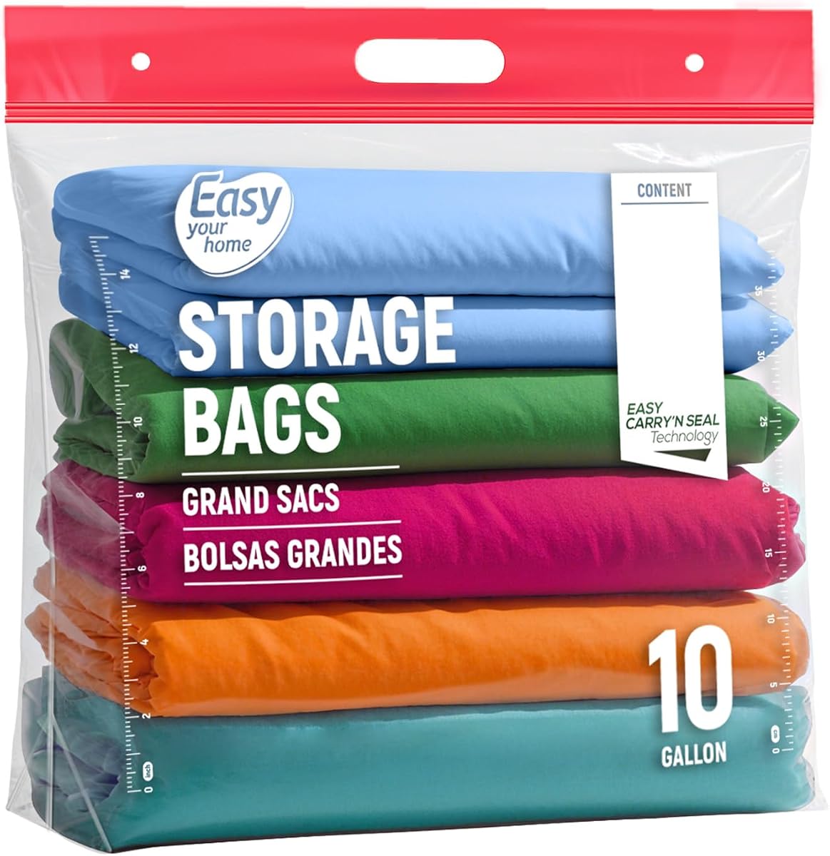 10 Gallon Storage Bags with Handle&Bottom for Clothing Blanket | Large,Reusable,Durable,Waterproof,Various Size,Easy to Seal&Open,BPA-Free Plastic,Food,Freezer,Travel,Moving,3-Mil Thick,5PCS