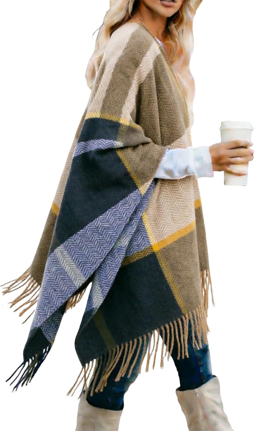 Moss Rose Women's Travel Plaid Shawl Wrap Open Front Poncho Cape for Fall Winter