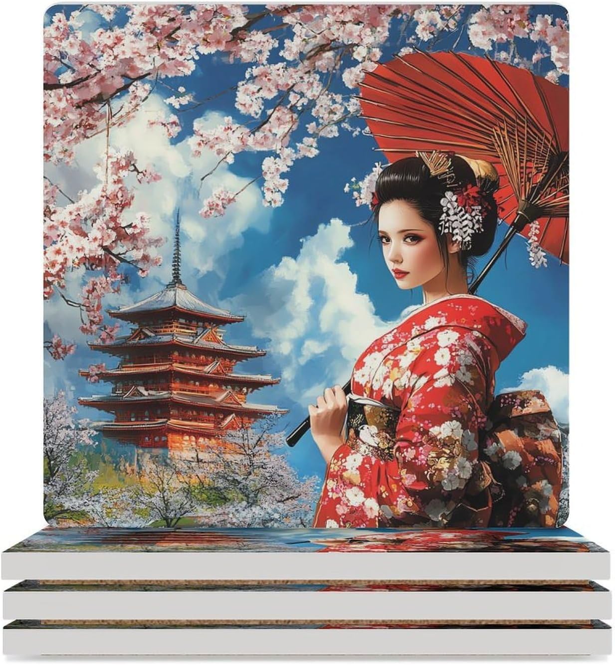 Japanese Kabuki Geisha Ceramic Coasters Set Square Drink Coasters Table Coaster for Kitchen Desktop Decor