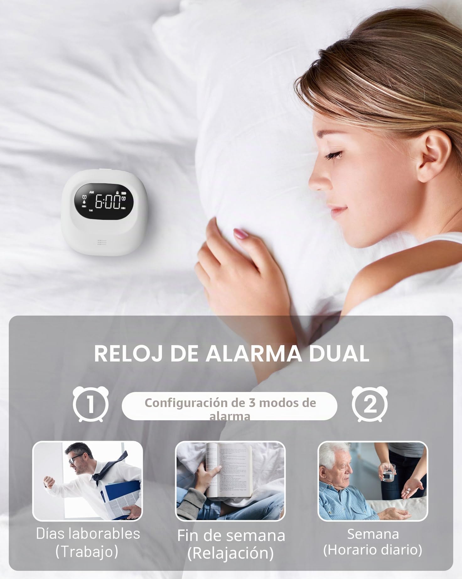 ROCAM Despertador con vibración para Personas Que Duermen Mucho, Funciona con Pilas, Volumen Ajustable en 5 Niveles, Alarma Doble/Fin de Semana, Snooze, 12/24H, DST, Reloj Digital portátil