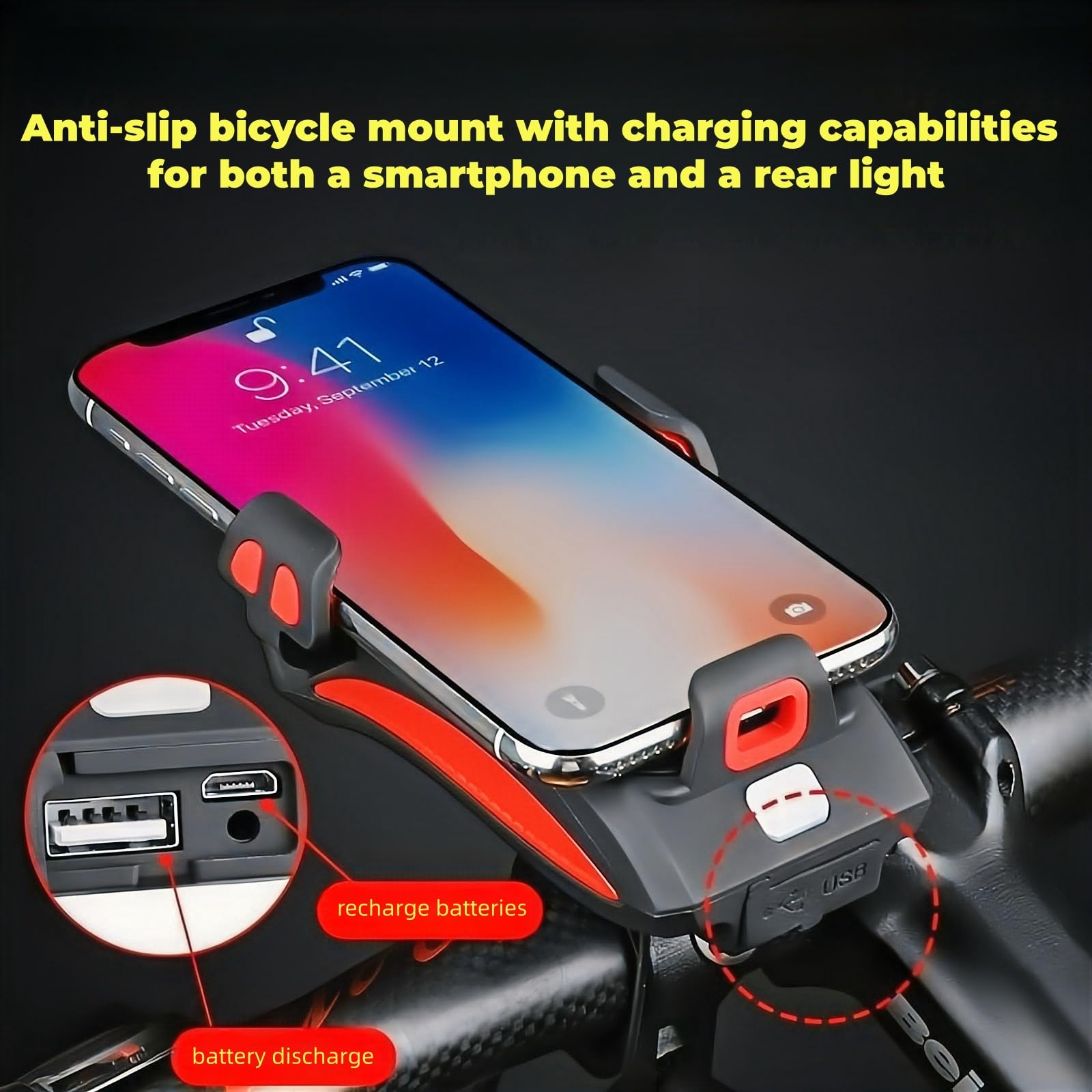 Luces Bicicleta Delantera Y Trasera, Luz Solar para Bicicleta 5 En 1 con Soporte para Teléfono Y Bocina (Blue 4000mAh)