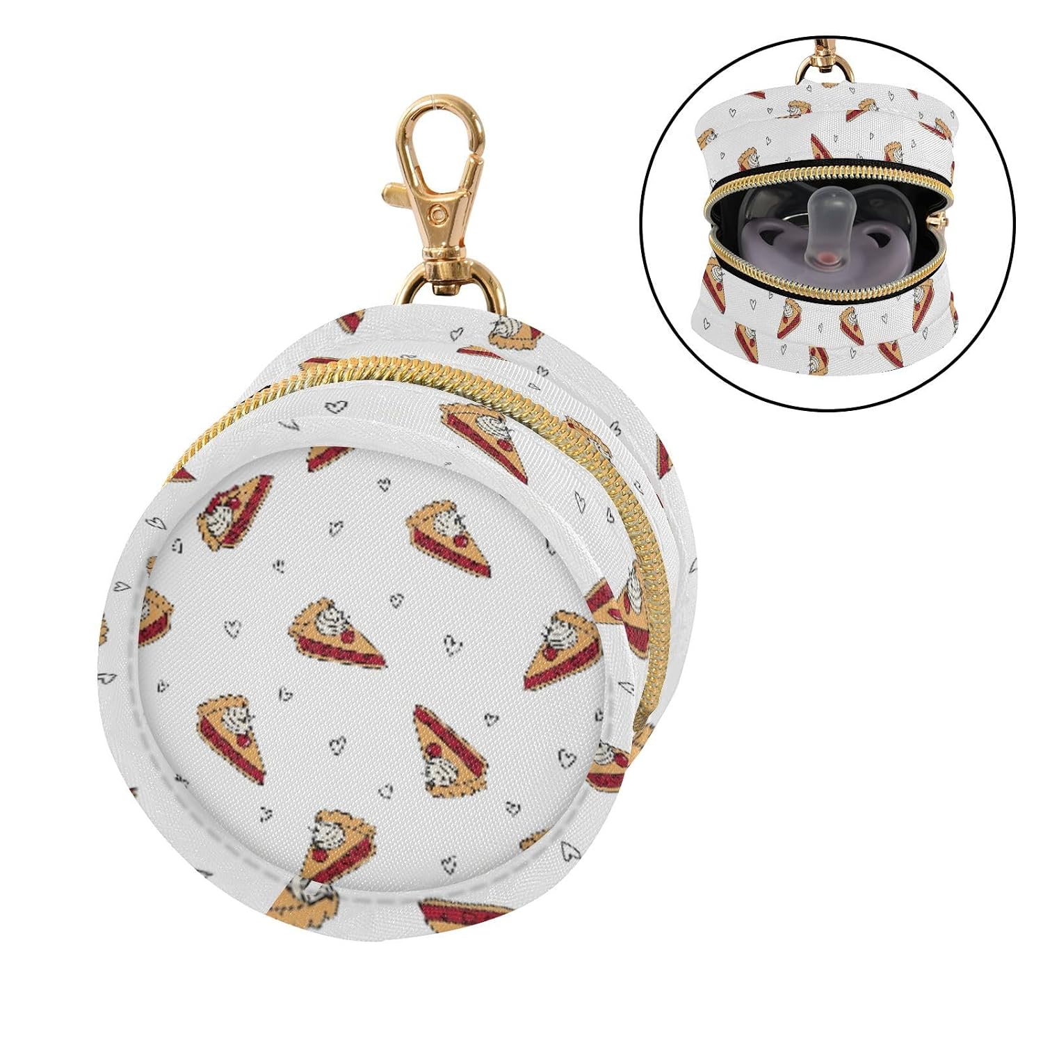 Cake Pie Slice White Baby Pacifier Holder Case with Clip Portable Pacifier Storage Organizer Round Container Pouch Box Fits Diaper Bag Stroller Purse image 2
